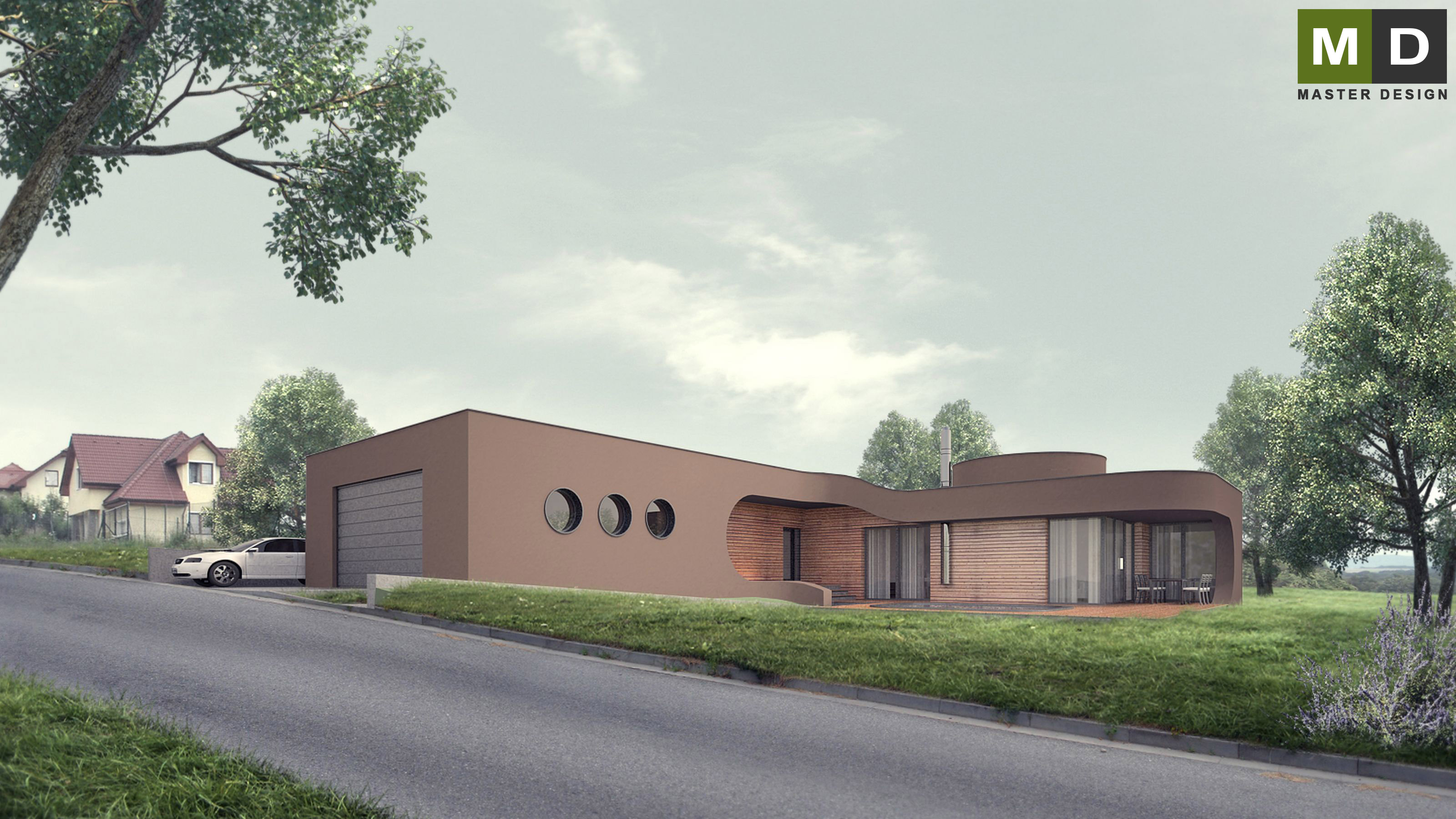 Bungalov ve svahu do L s garáží a plochou střechouČernošice - vizualizace2