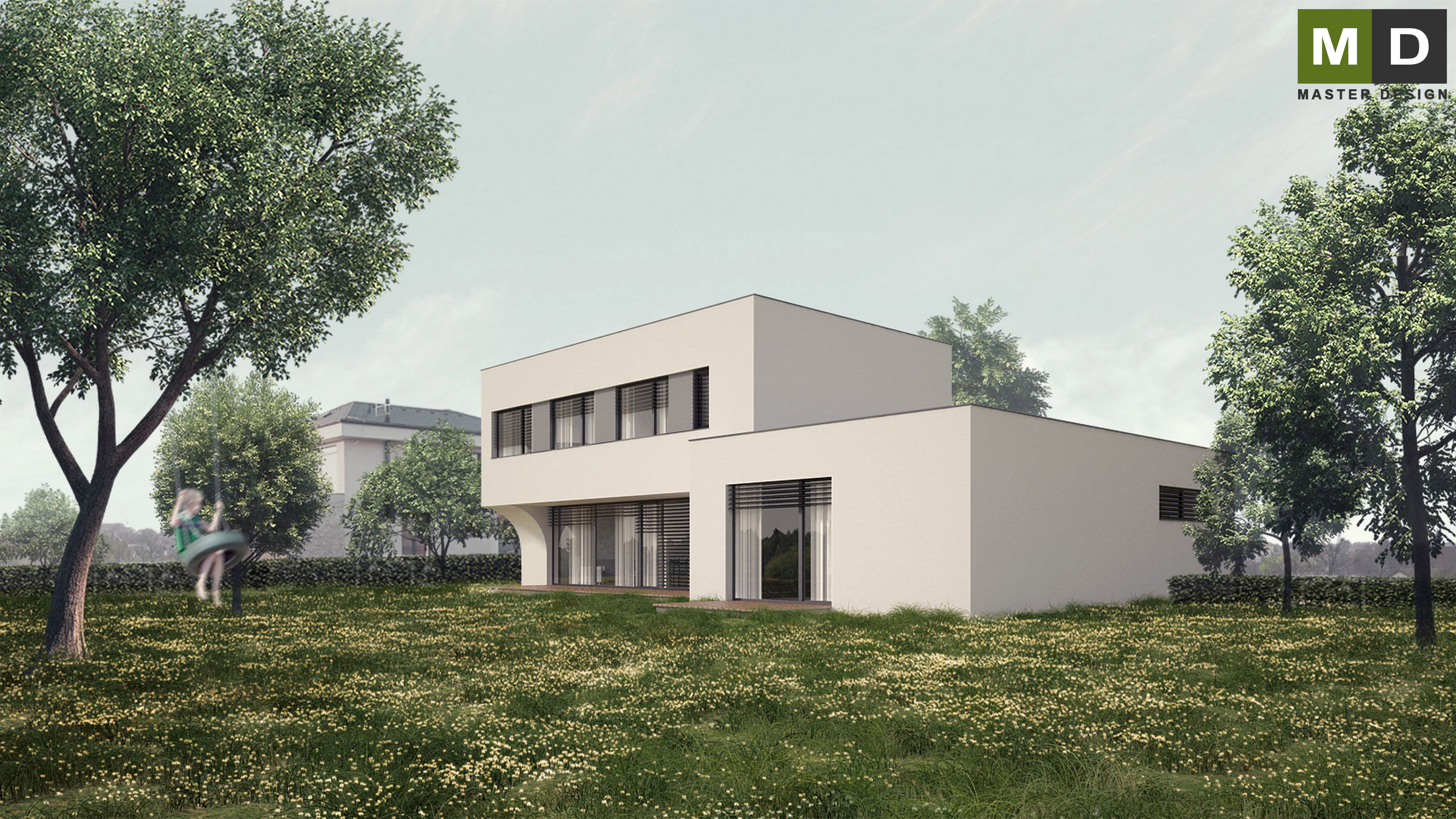 Bílý nízkoenergetický dům s plochou střechouPraha Dolní Chabry - vizualizace3 Bílý nízkoenergetický dům s plochou střechouPraha Dolní Chabry - vizualizace3