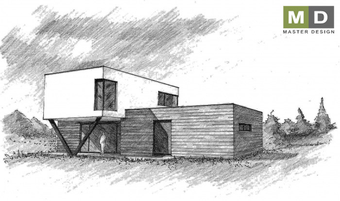 Modern wooden house with a covered terrace and a flat roof - Developer ze Švýcarska - main visualisation Modern wooden house with a covered terrace and a flat roof - Developer ze Švýcarska - main visualisation