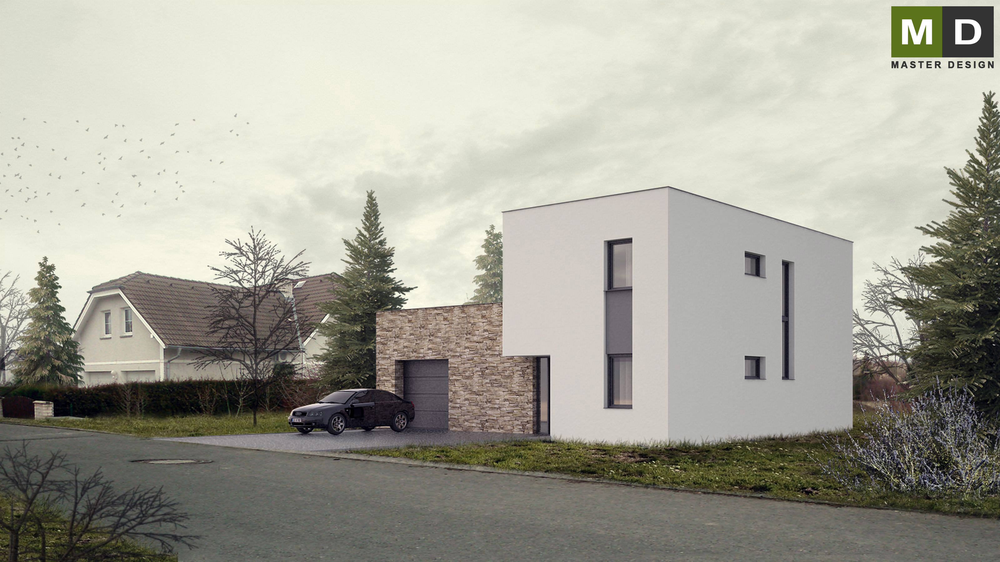 Economic L-shaped house with a flat roofPraha Dolní Břežany - visualisation2 Economic L-shaped house with a flat roofPraha Dolní Břežany - visualisation2