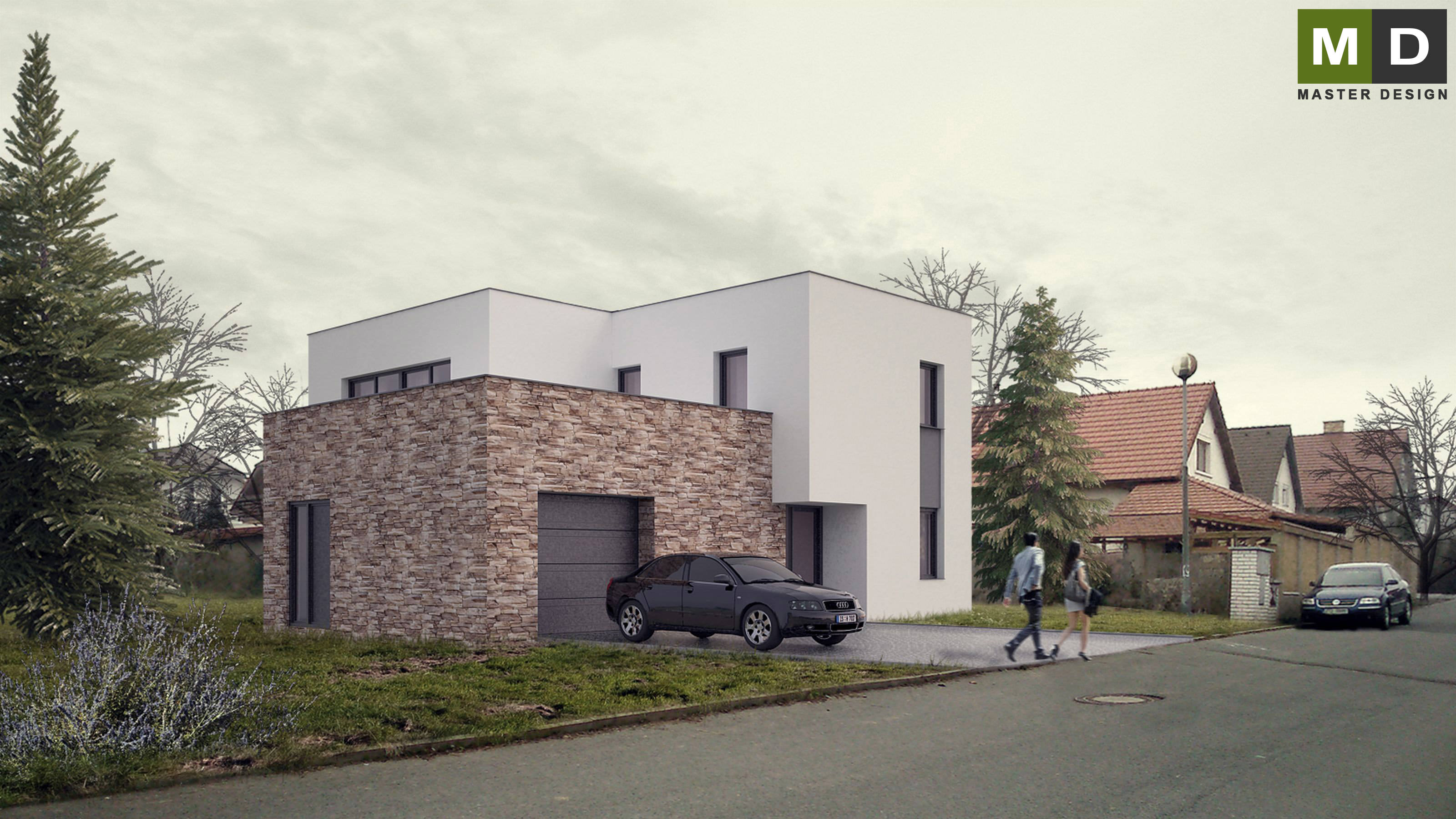 Economic L-shaped house with a flat roofPraha Dolní Břežany - visualisation3 Economic L-shaped house with a flat roofPraha Dolní Břežany - visualisation3