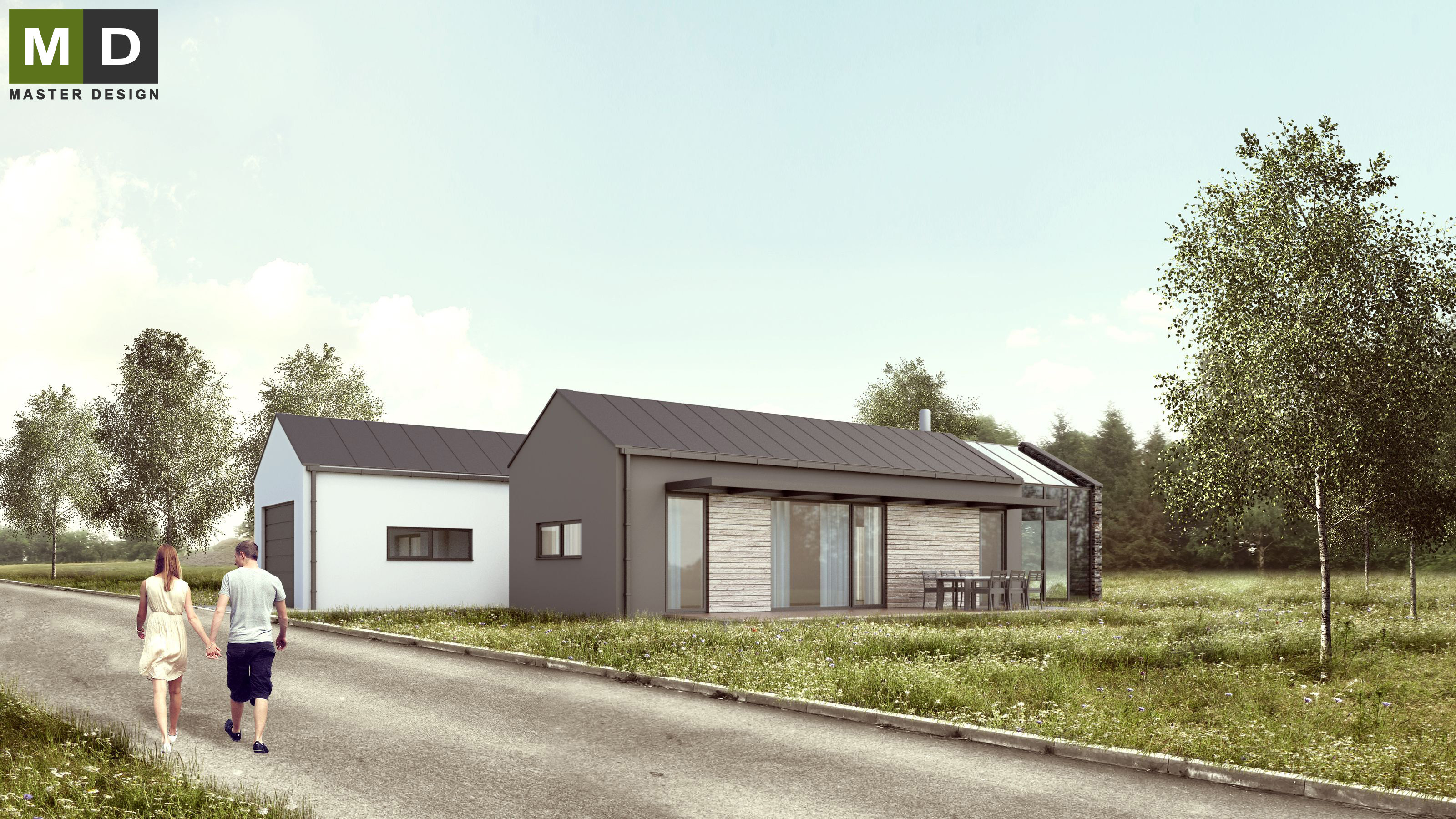 Economic bungalow with gabled roofs and a winter gardenTichá - visualisation2 Economic bungalow with gabled roofs and a winter gardenTichá - visualisation2