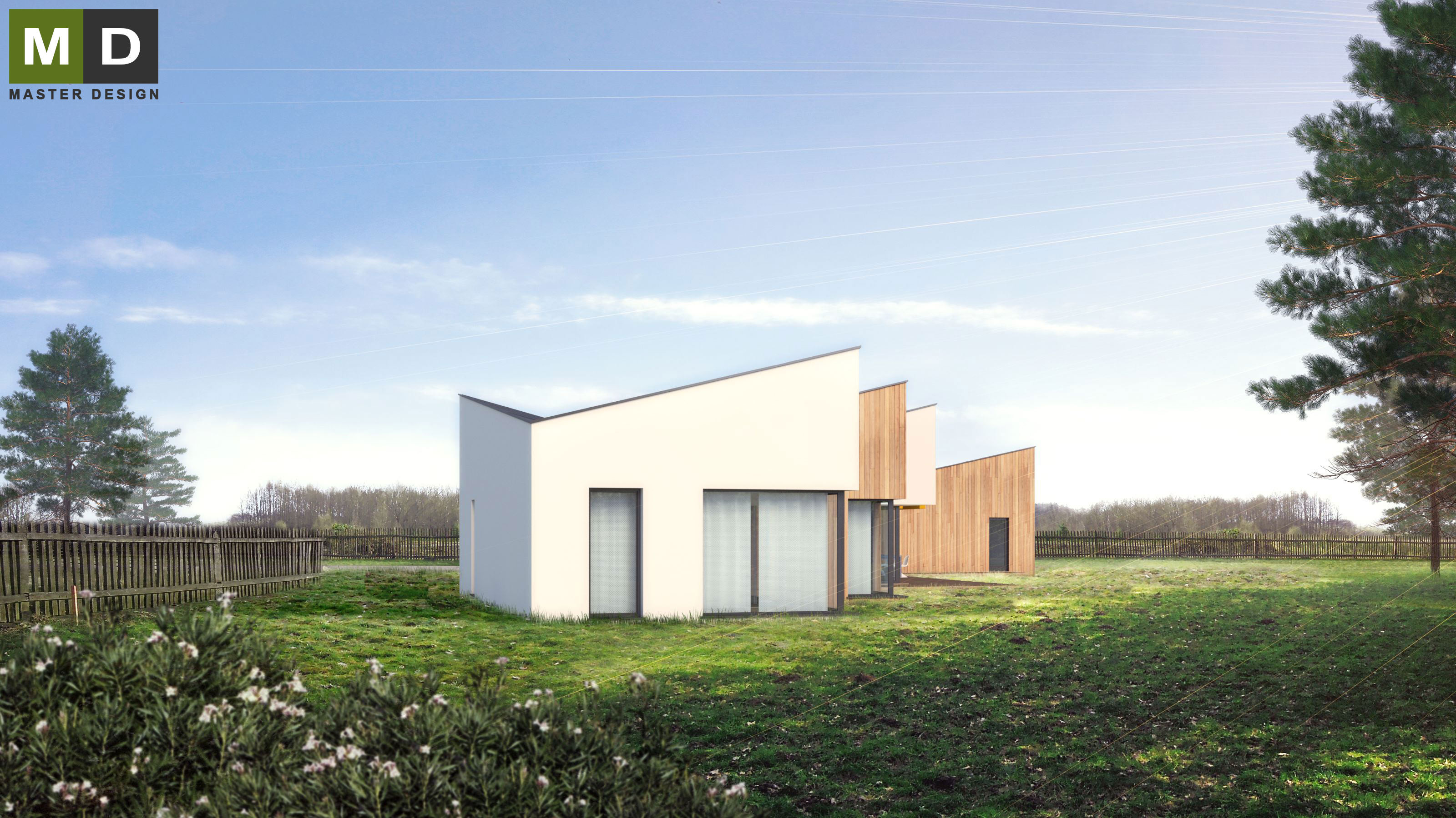 Netradiční designový bungalov ve tvaru stromu v blízkosti borovicového lesaKrmelín - vizualizace2