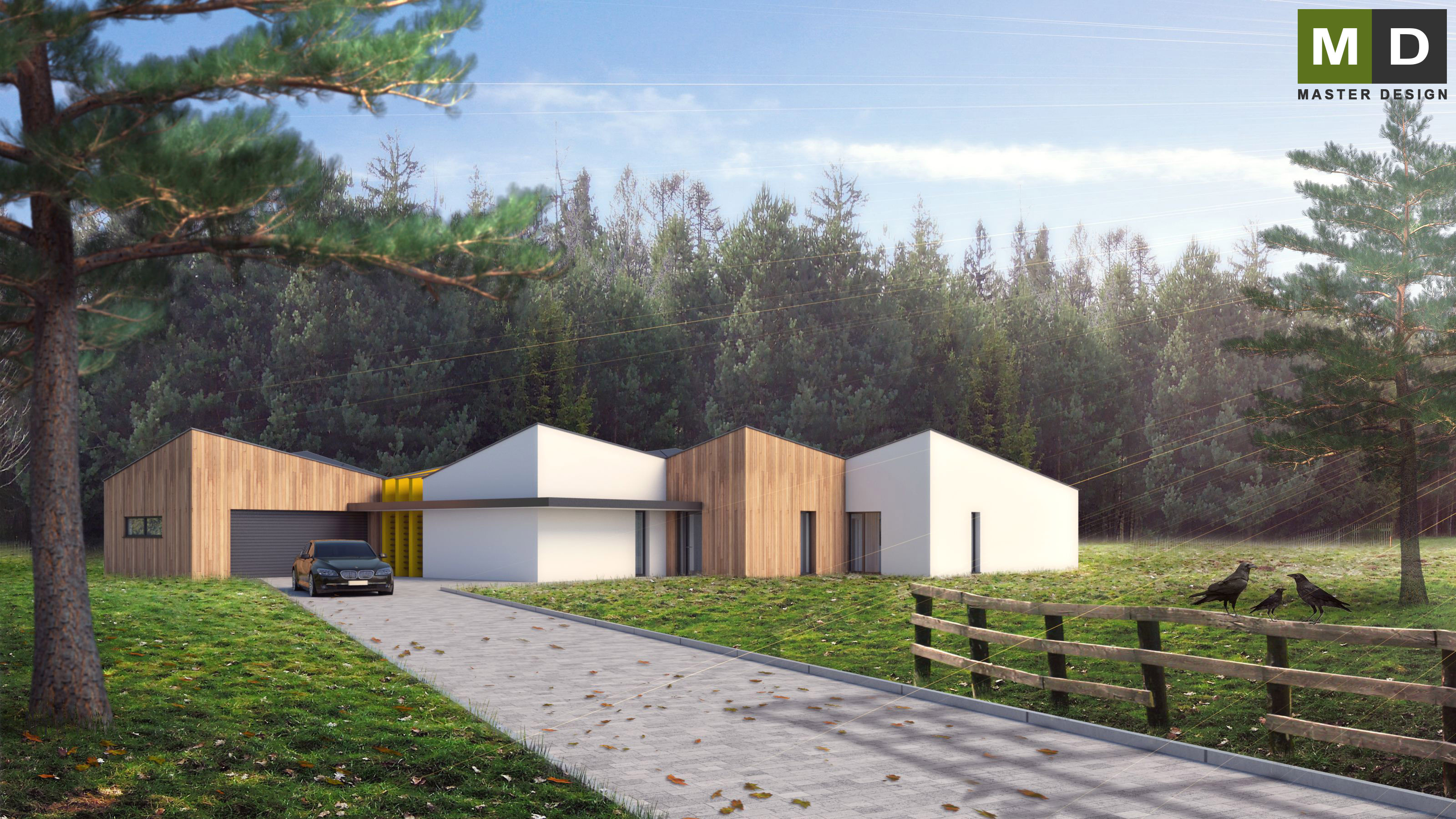 Netradiční designový bungalov ve tvaru stromu v blízkosti borovicového lesaKrmelín - vizualizace3