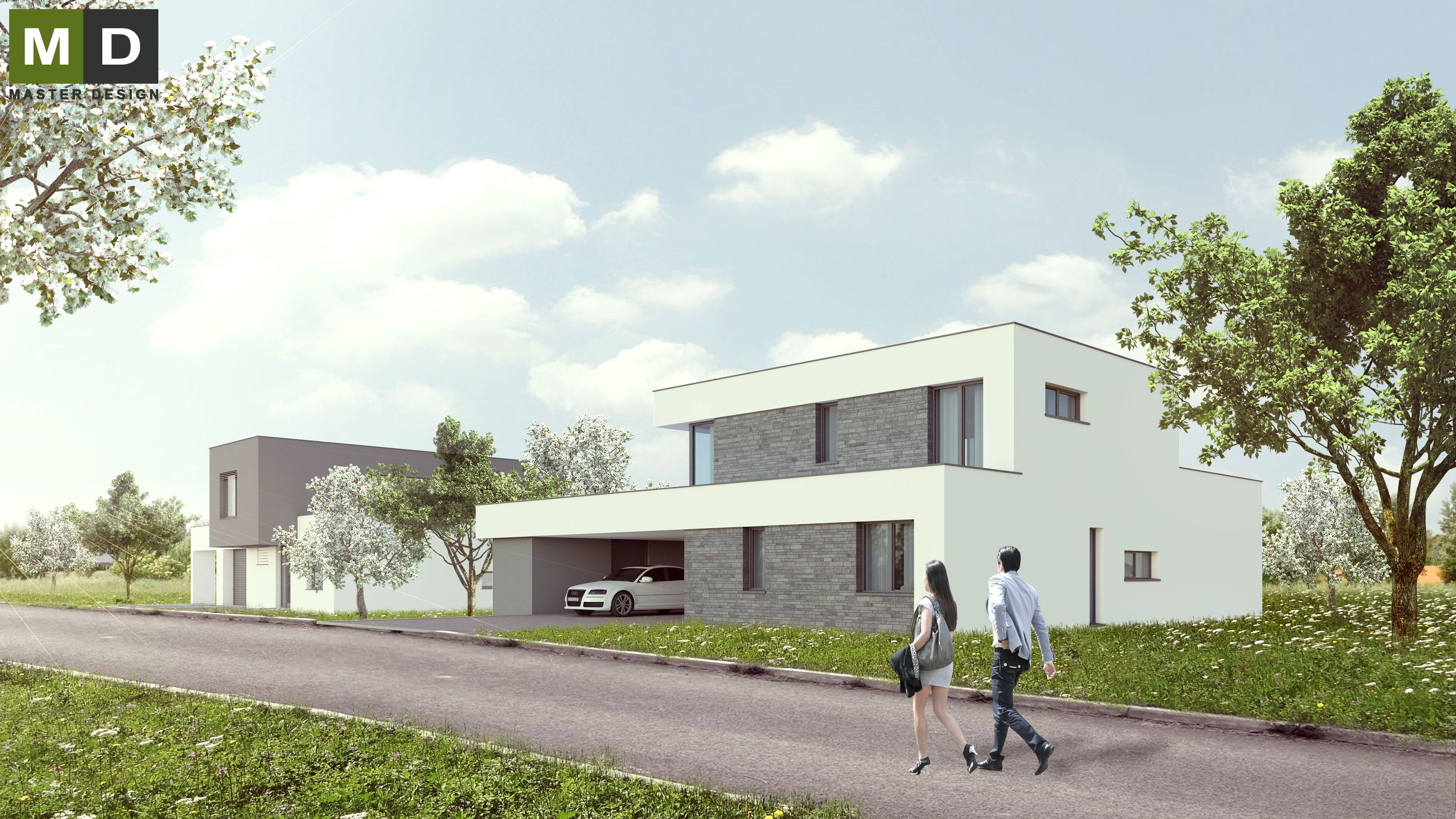 Atypical L-shaped house with covered parking and a large glassPraha Čestlice - visualisation2