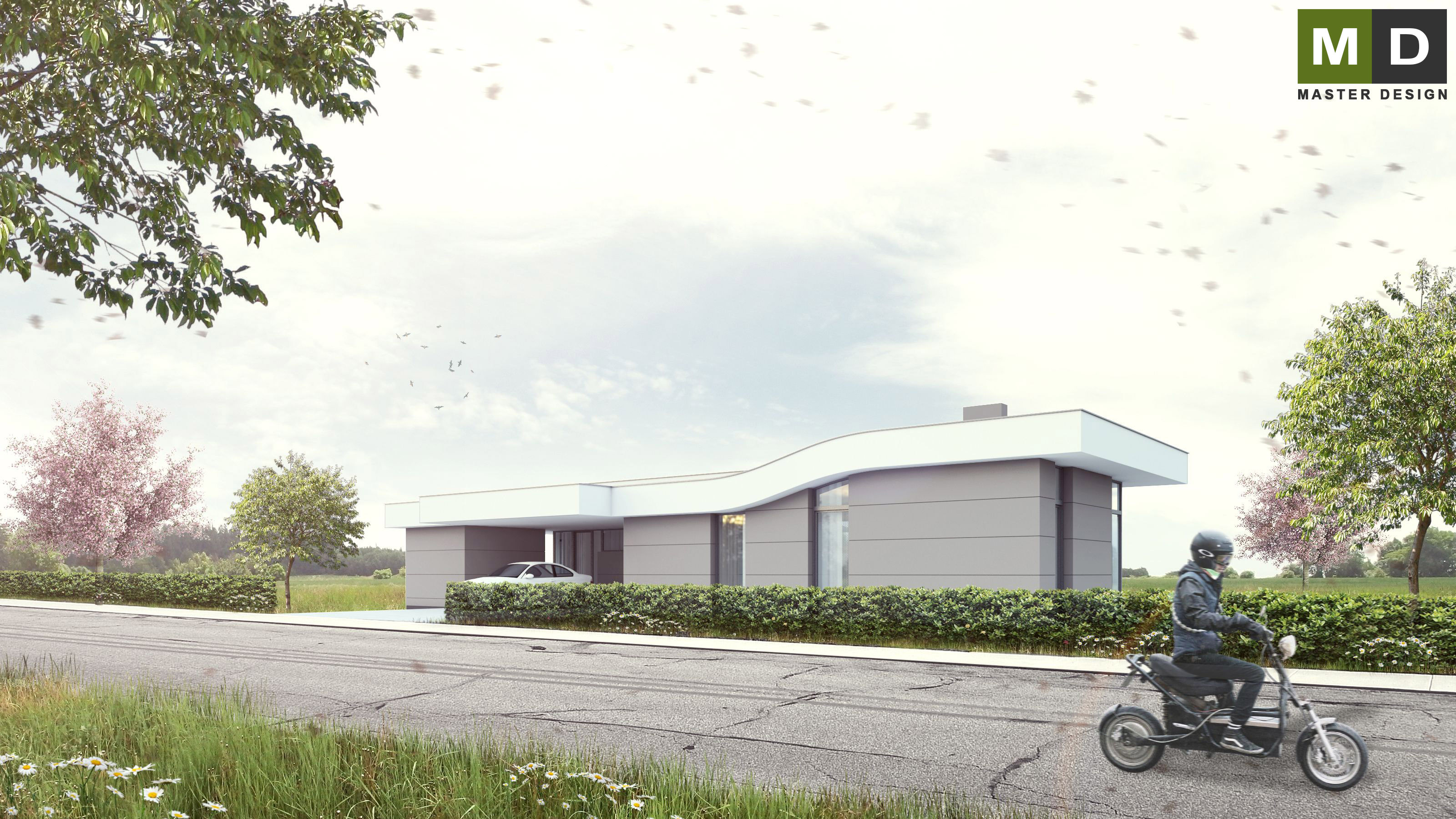 Dřevostavba bungalovu do L s šedým obklademStránčice - vizualizace2 Dřevostavba bungalovu do L s šedým obklademStránčice - vizualizace2