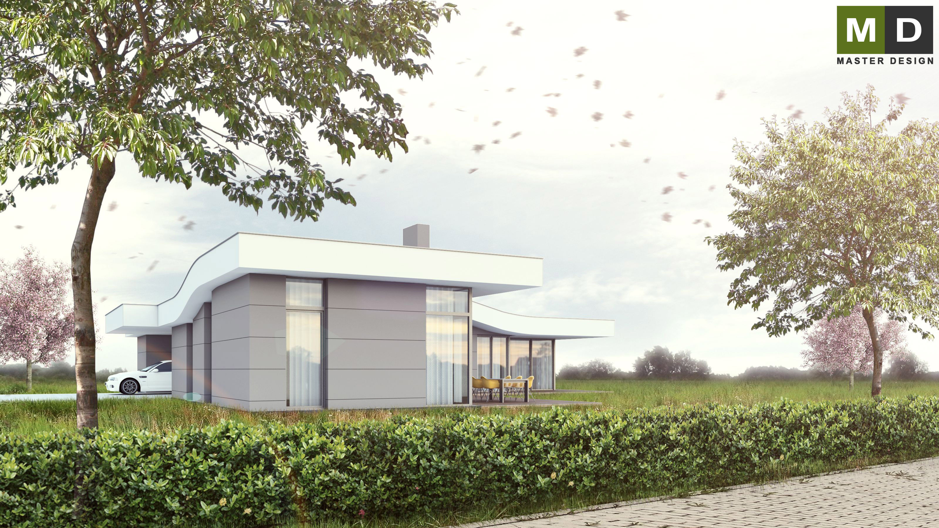 Dřevostavba bungalovu do L s šedým obklademStránčice - vizualizace3 Dřevostavba bungalovu do L s šedým obklademStránčice - vizualizace3