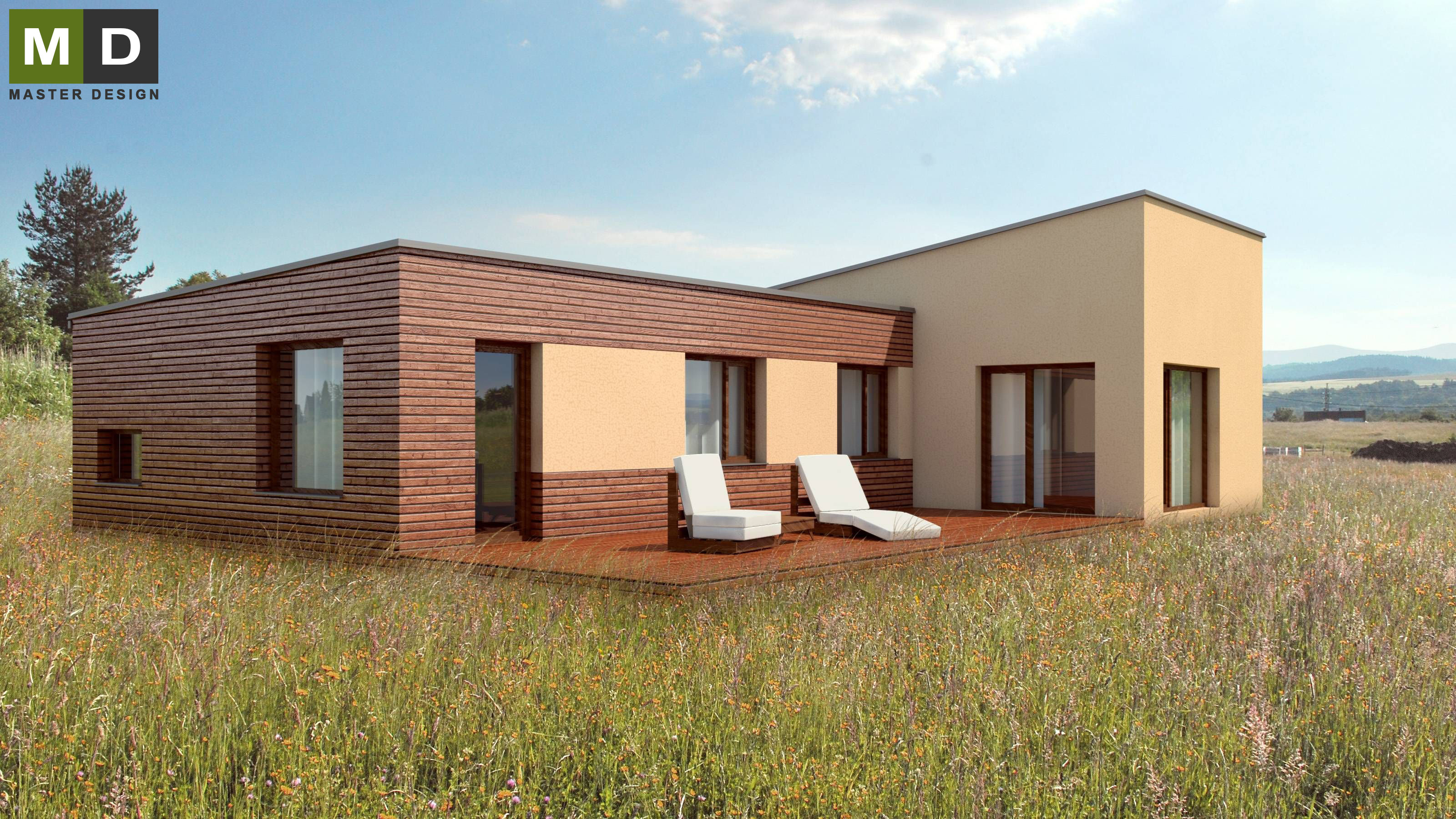 Low energy L-shaped storey bungalow with garage - Frýdlant - main visualisation Low energy L-shaped storey bungalow with garage - Frýdlant - main visualisation