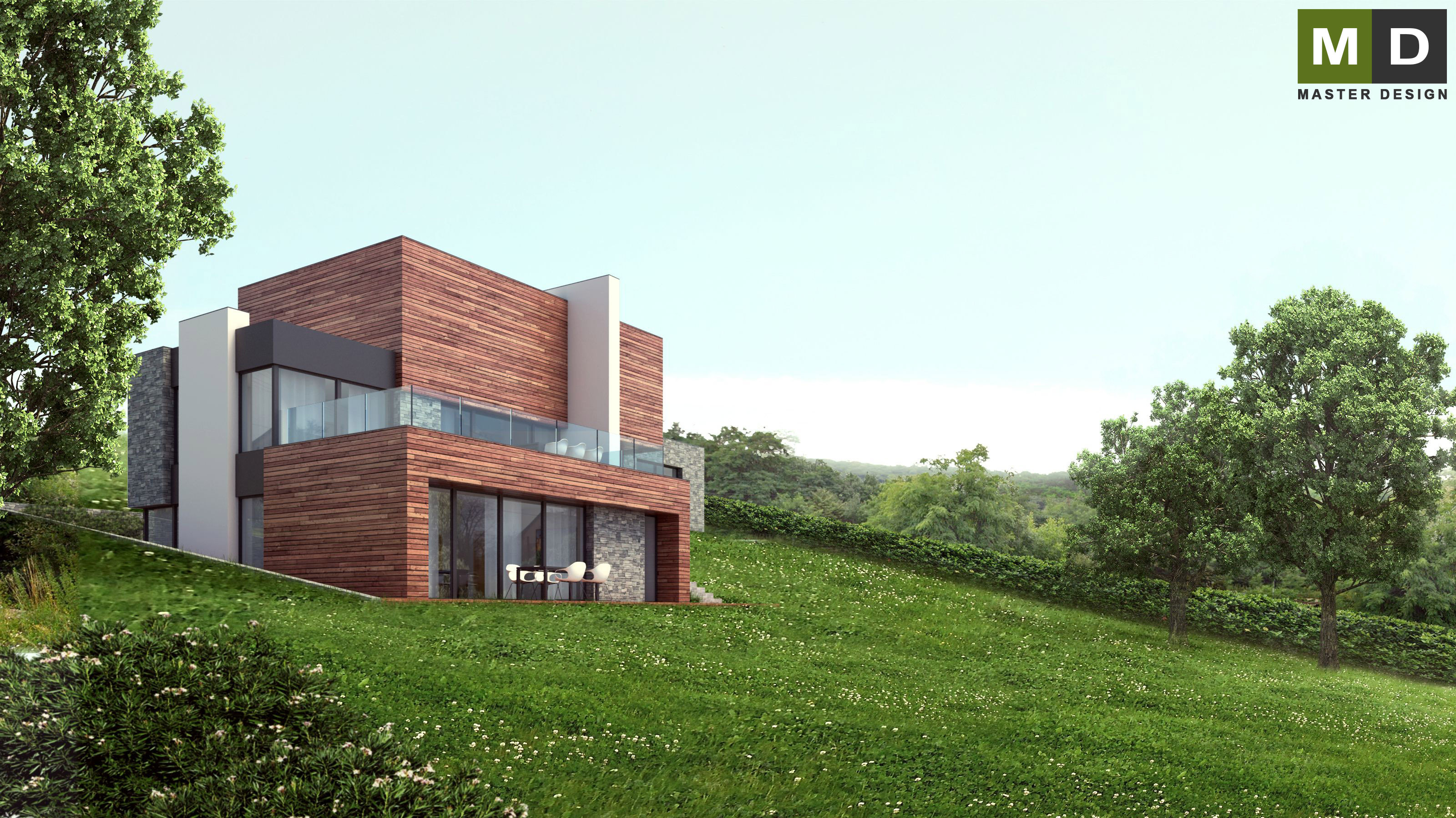 Luxury house on a slope with wood panelingPraha Hloubětín - visualisation2