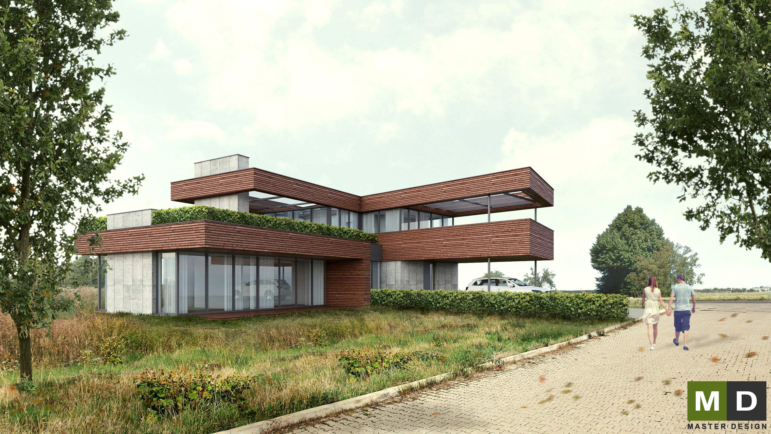Luxury L-shaped house with wood paneling and exposed concreteMáslovice u Prahy - visualisation3 Luxury L-shaped house with wood paneling and exposed concreteMáslovice u Prahy - visualisation3