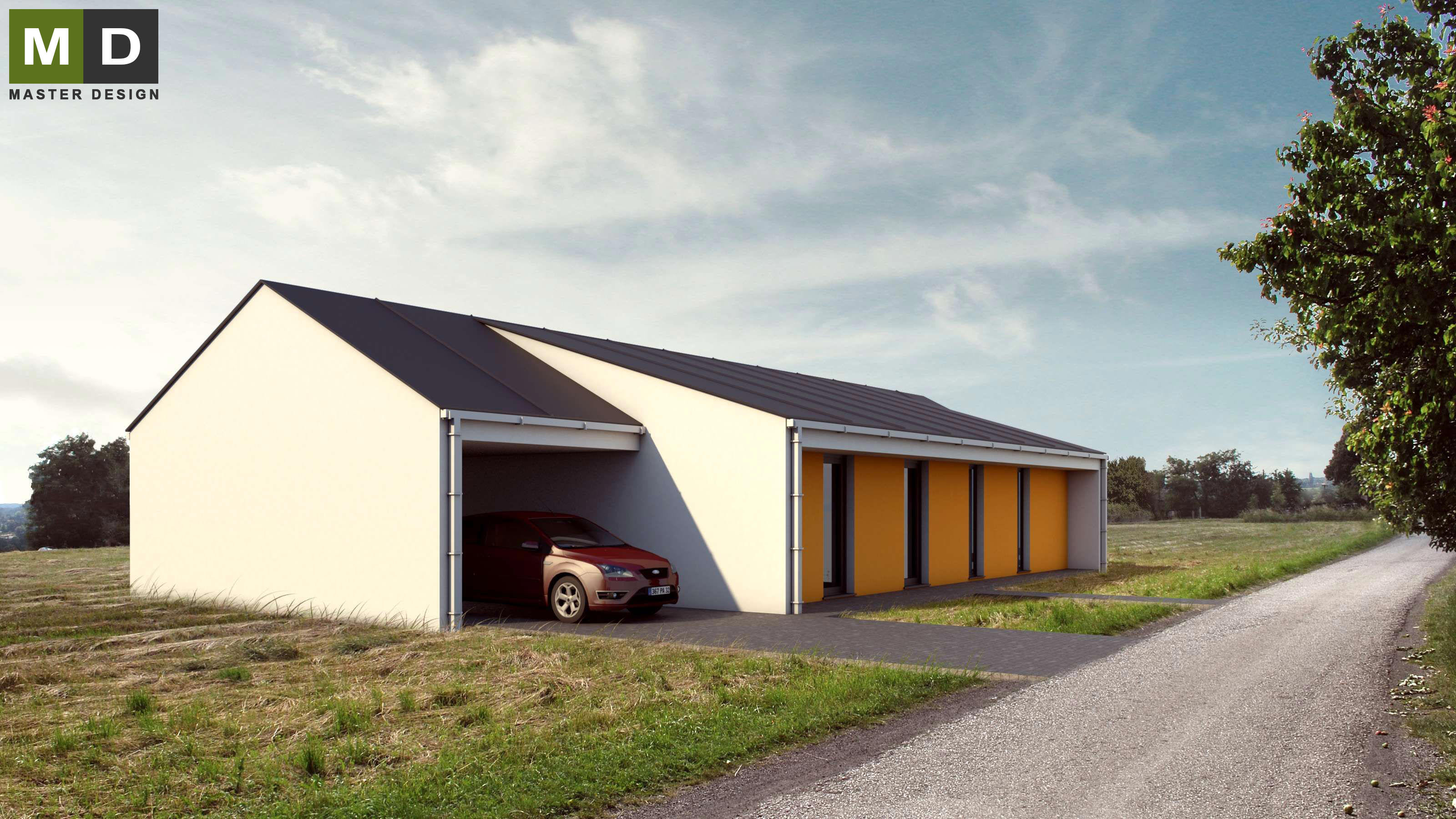 Pasivní přízemní dřevostavba se sedlovou střechou - Developerský projekt do Švýcarska - hlavní vizualizace Pasivní přízemní dřevostavba se sedlovou střechou - Developerský projekt do Švýcarska - hlavní vizualizace