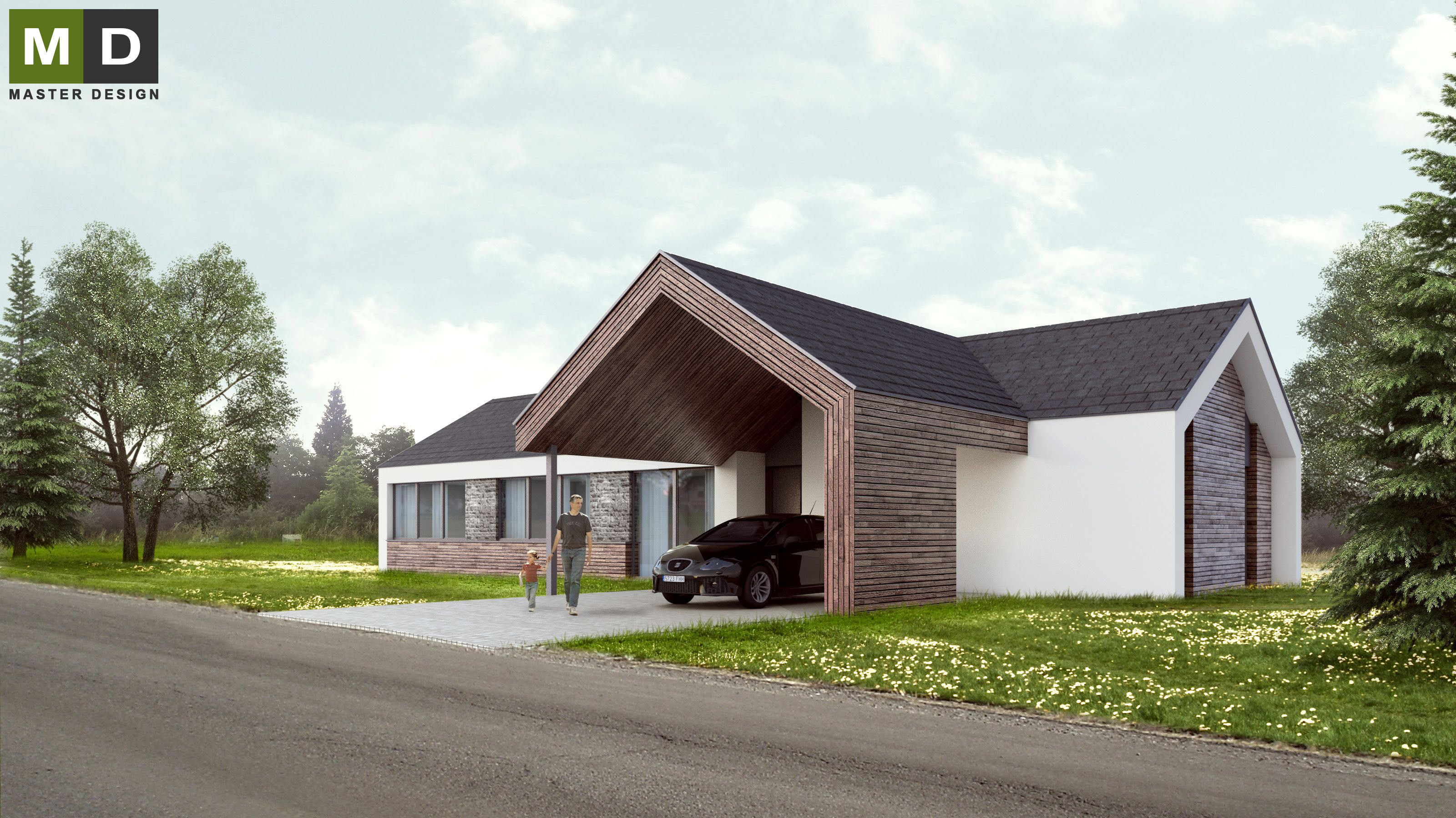 Přízemní bungalov do L s obklady z kamene a dřevaPraha Dolní Chabry - vizualizace2