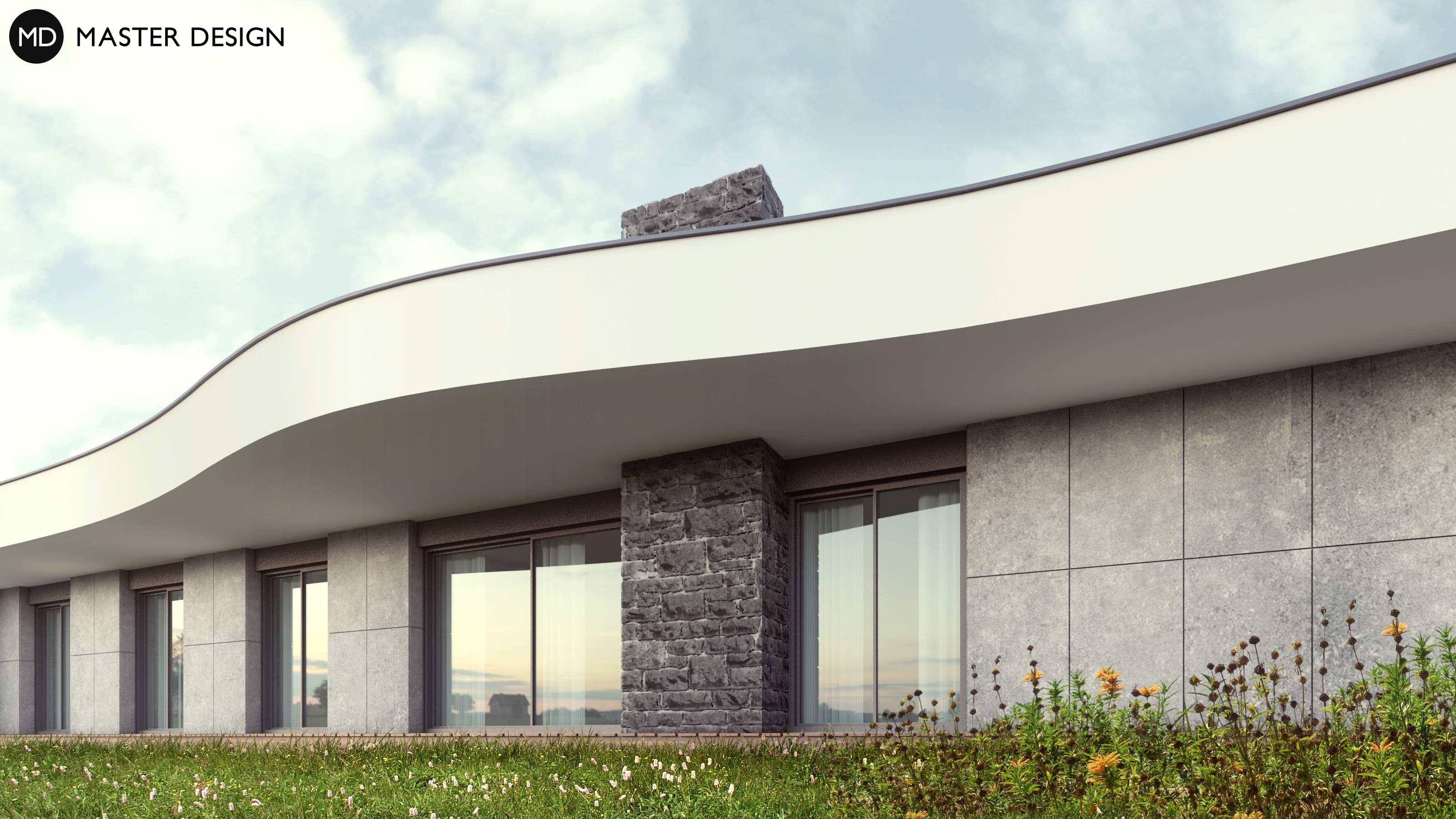 White bungalow with a rounded roof overhangDěhylov u Ostravy - visualisation4