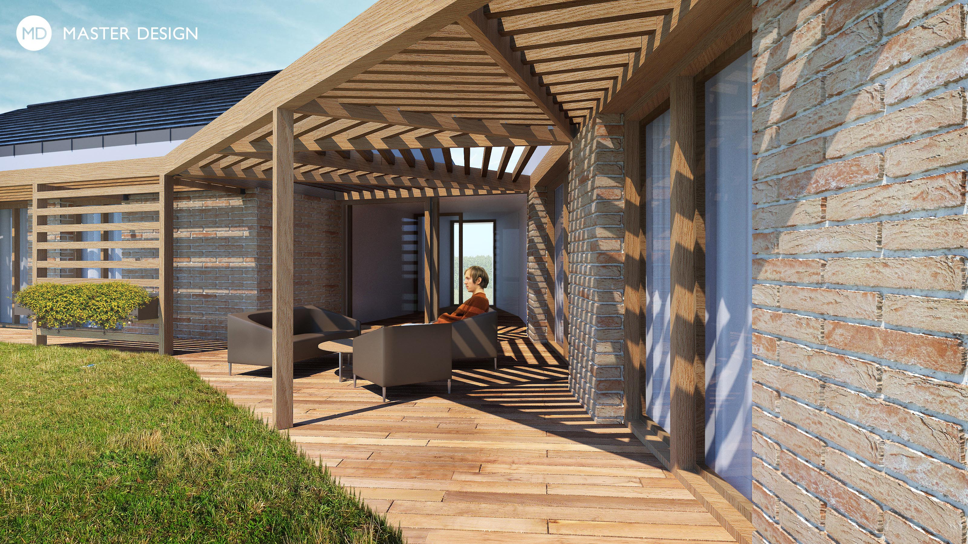 Moderní bungalov 2v1 se sedlovými střechami a velkou dřevěnou krytou terasou pro obchodníkaStruhařov - vizualizace3 Moderní bungalov 2v1 se sedlovými střechami a velkou dřevěnou krytou terasou pro obchodníkaStruhařov - vizualizace3