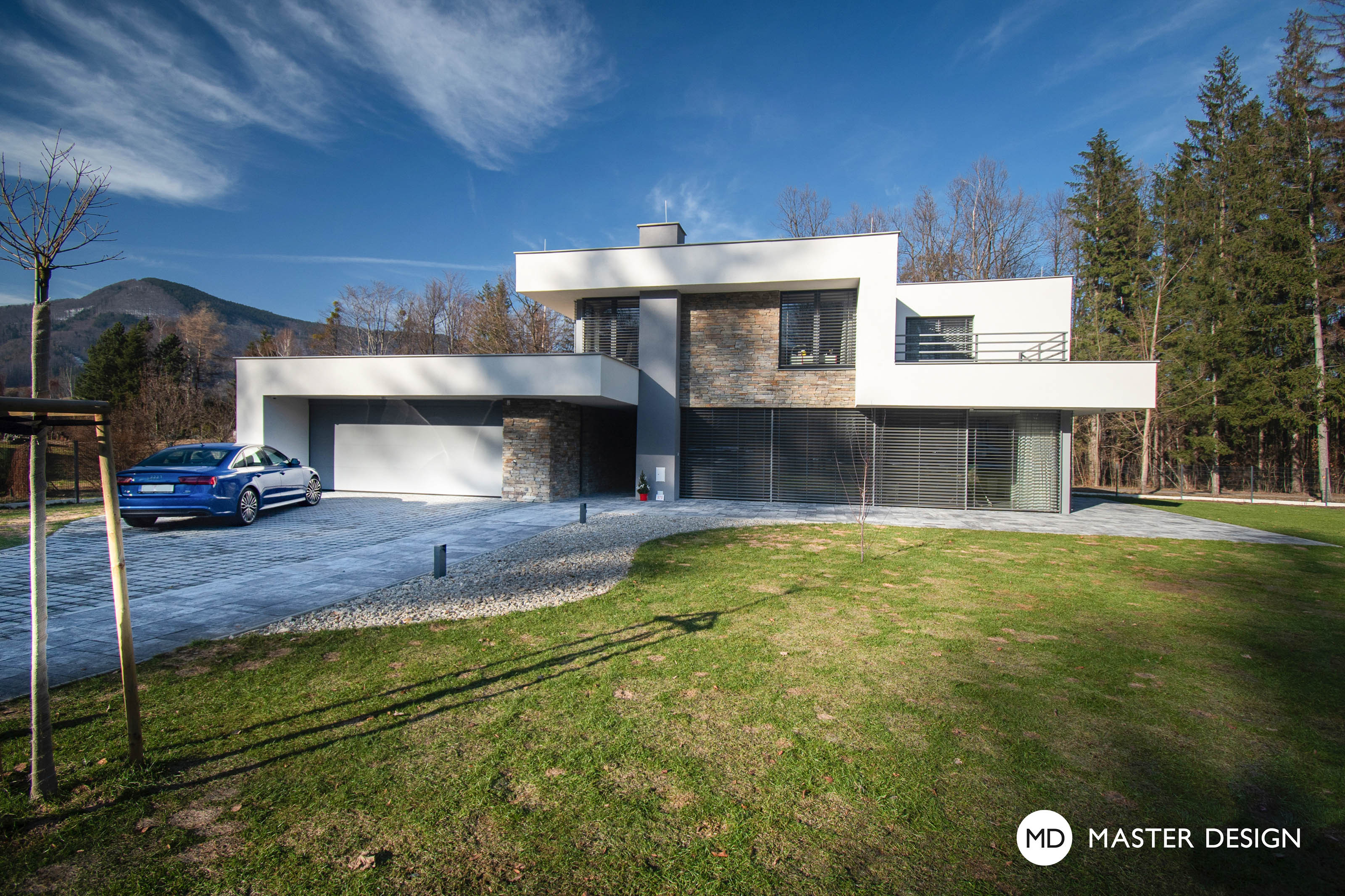 Luxury house for fisherman with large garden, facade with stone tiles and flat roofČeladná - visualisation2