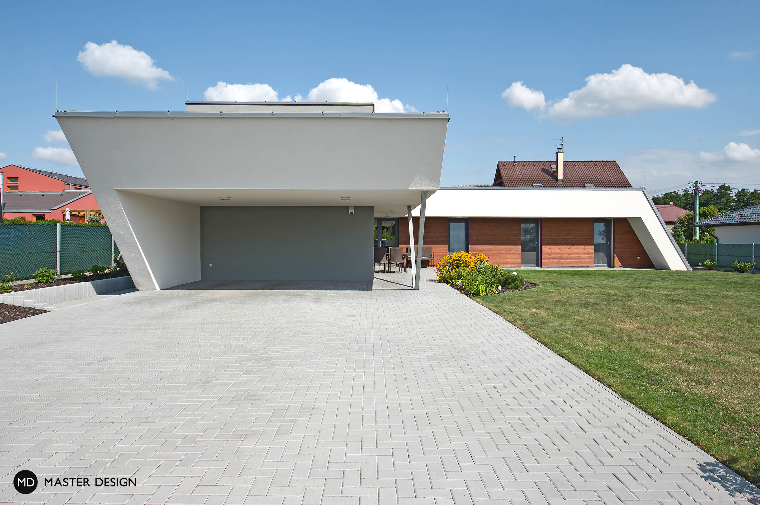 Atypický bungalov do L s plochou střechou, krytým stáním a dřevěným obkladem - Ostrava - vizualizace 2