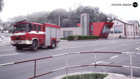 Red fire station with large-sized tiles facades - Ostrava Muglinov - main visualisation