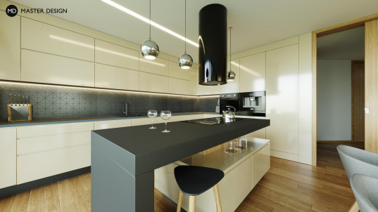 Interior with wooden wall in the living room and mosaic in the kitchen for family house - Turnov - main visualisation