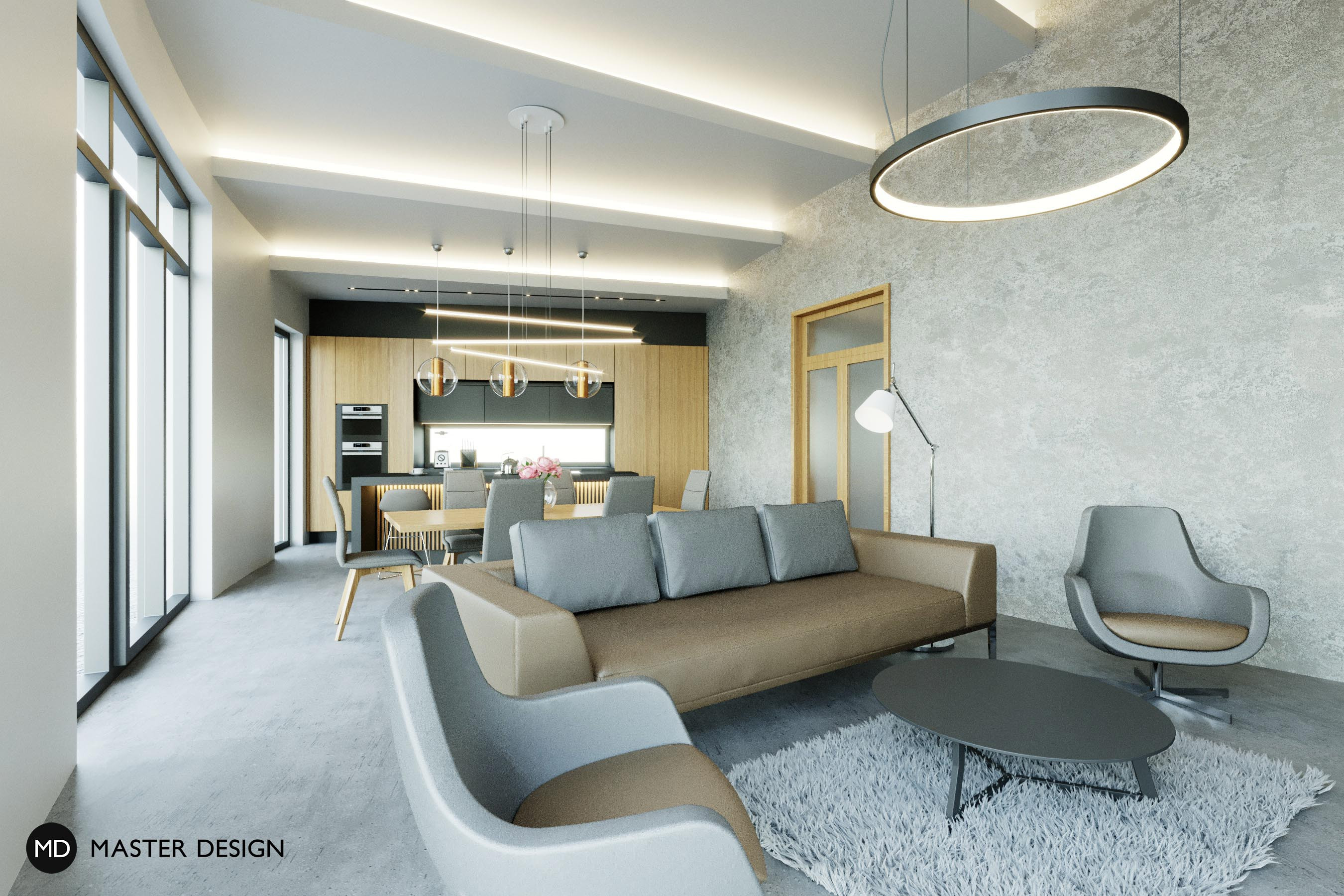 Kitchen and living room with high ceiling and design fireplace - Ostrava Poruba - preview