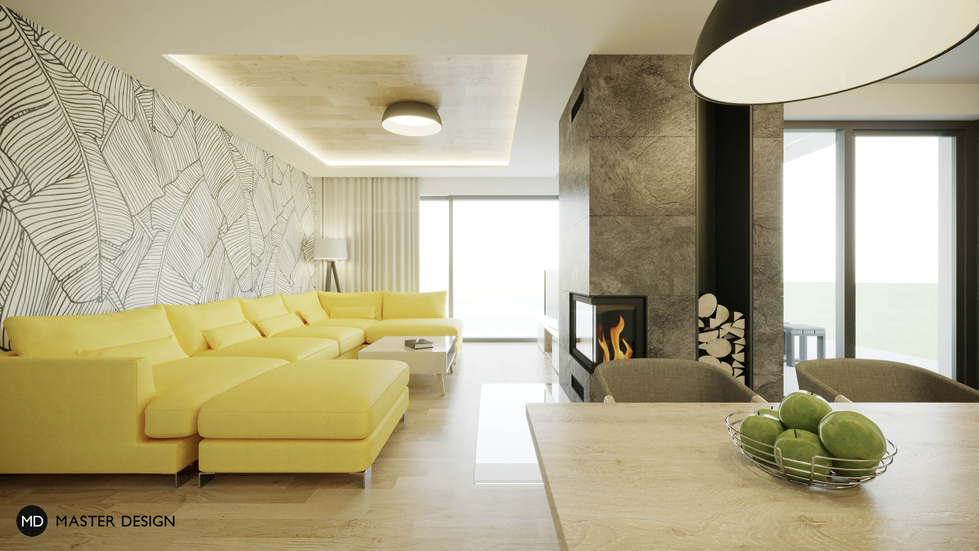 Living room with kitchen and a prominent fireplaceVysoký Újezd u Berouna - visualisation3 Living room with kitchen and a prominent fireplaceVysoký Újezd u Berouna - visualisation3