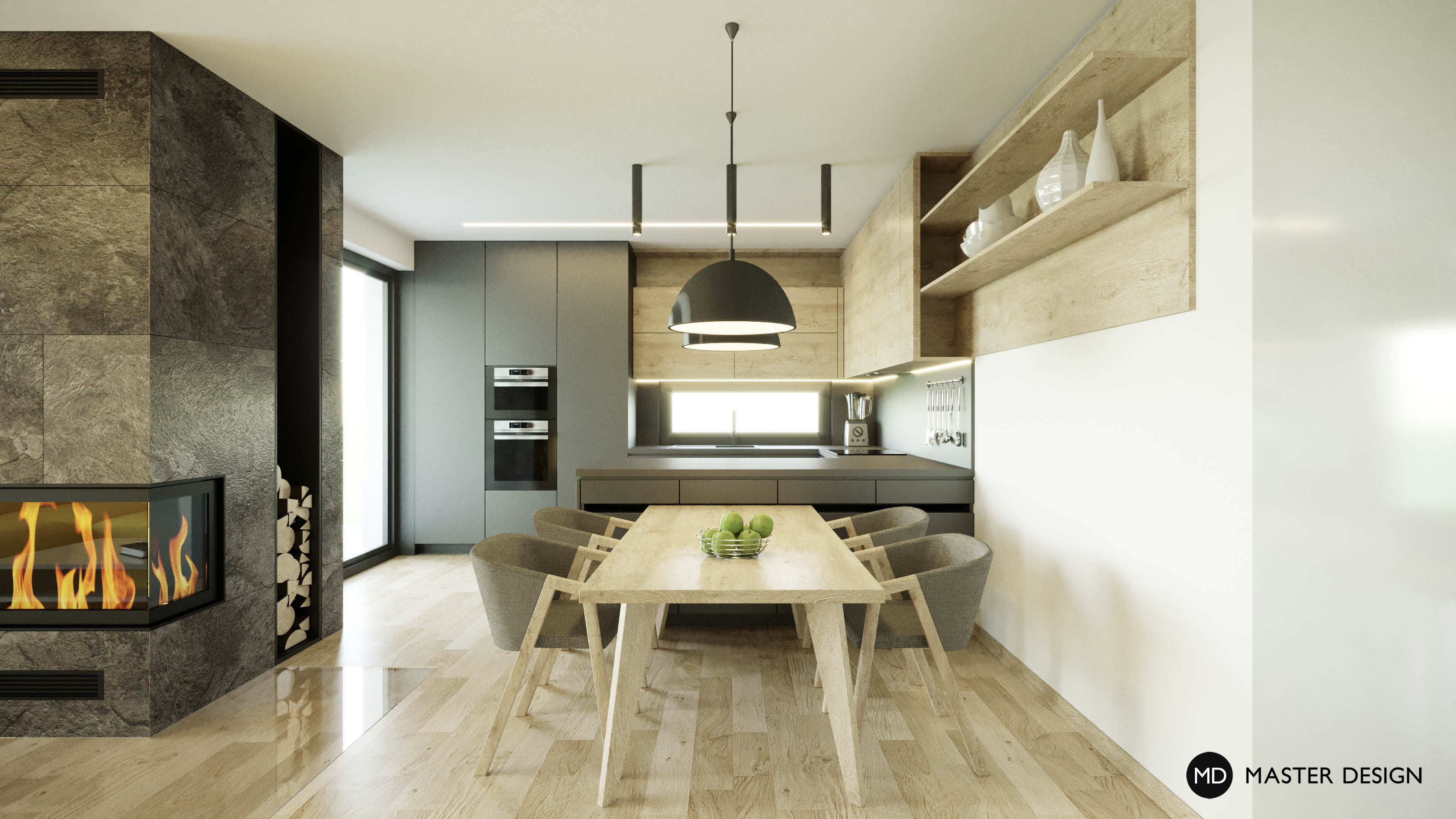 Living room with kitchen and a prominent fireplaceVysoký Újezd u Berouna - visualisation4 Living room with kitchen and a prominent fireplaceVysoký Újezd u Berouna - visualisation4