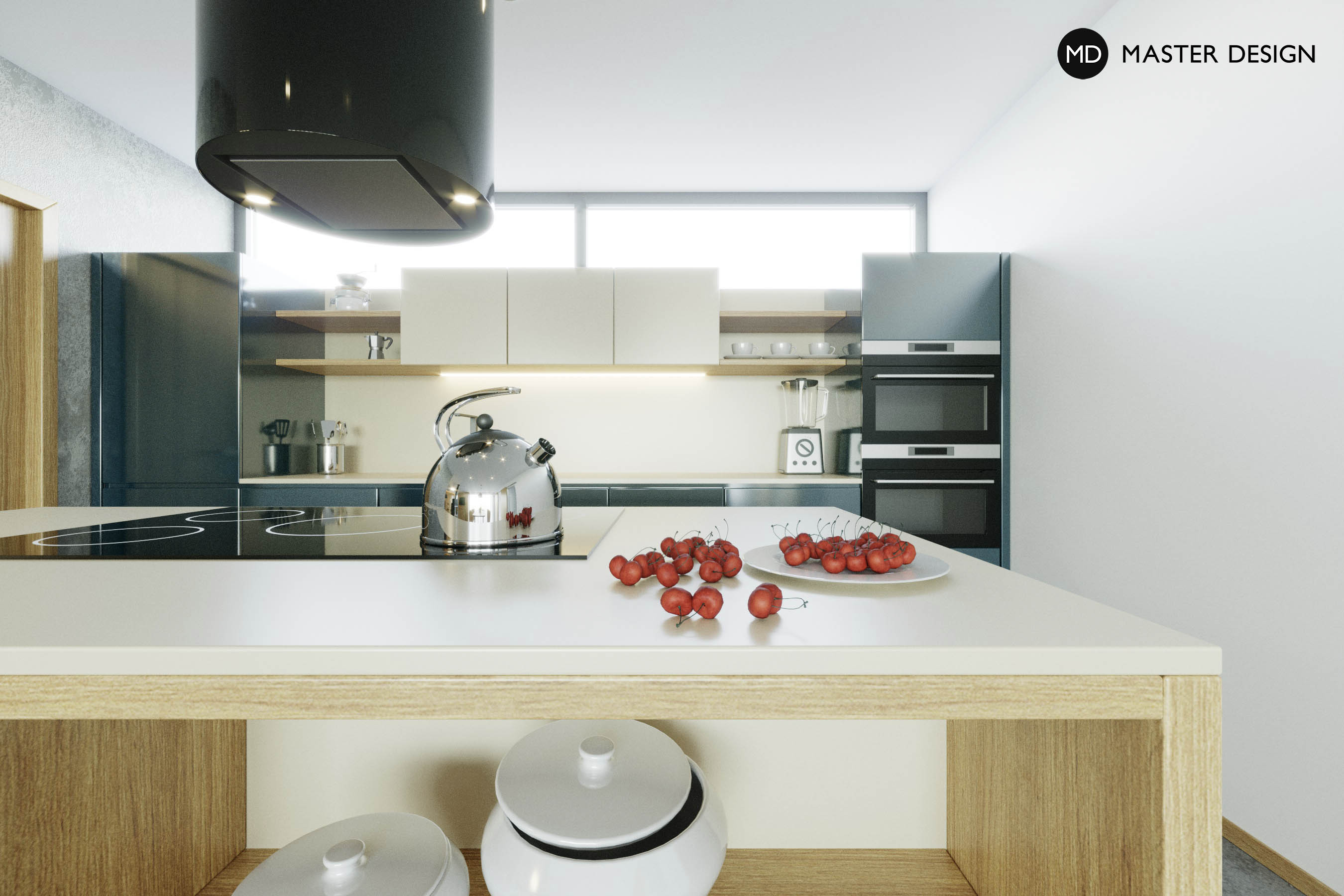 Living room interior with wood paneling and kitchenLoděnice - visualisation2