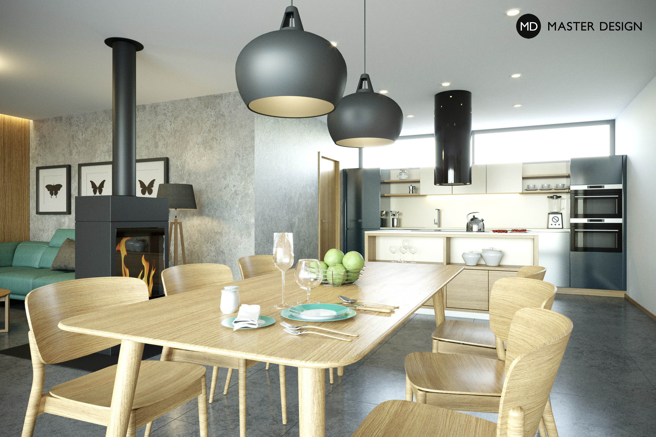 Living room interior with wood paneling and kitchenLoděnice - visualisation3