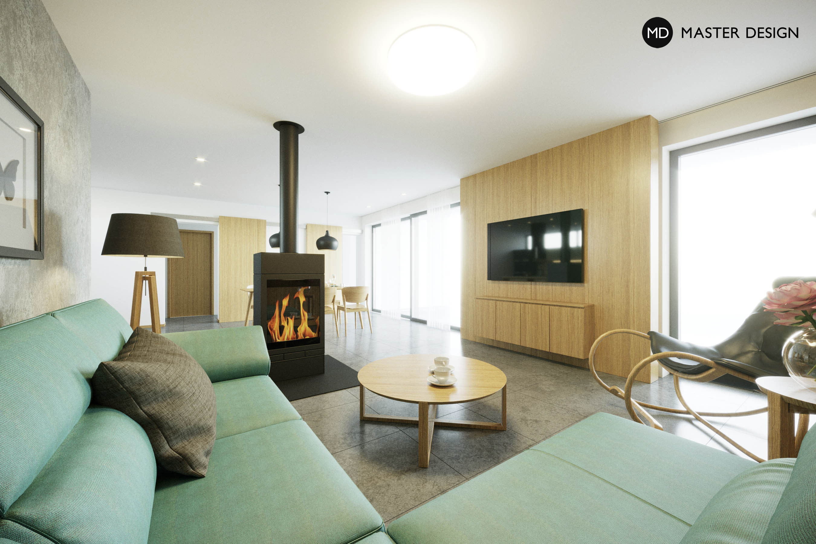 Living room interior with wood paneling and kitchenLoděnice - visualisation4