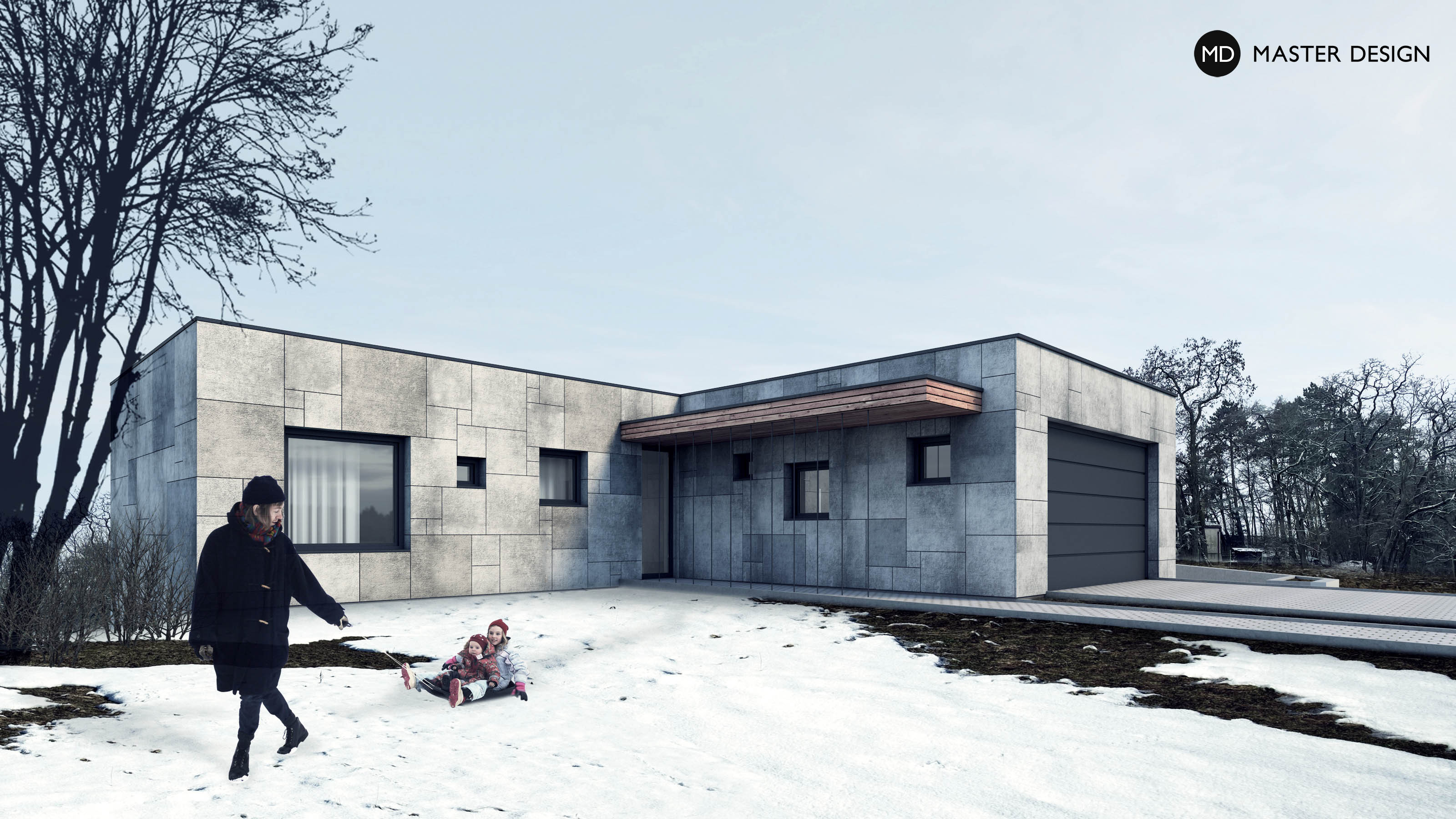 Modern House on the Slope with Square WindowsŽelevčice - visualisation2 Modern House on the Slope with Square WindowsŽelevčice - visualisation2