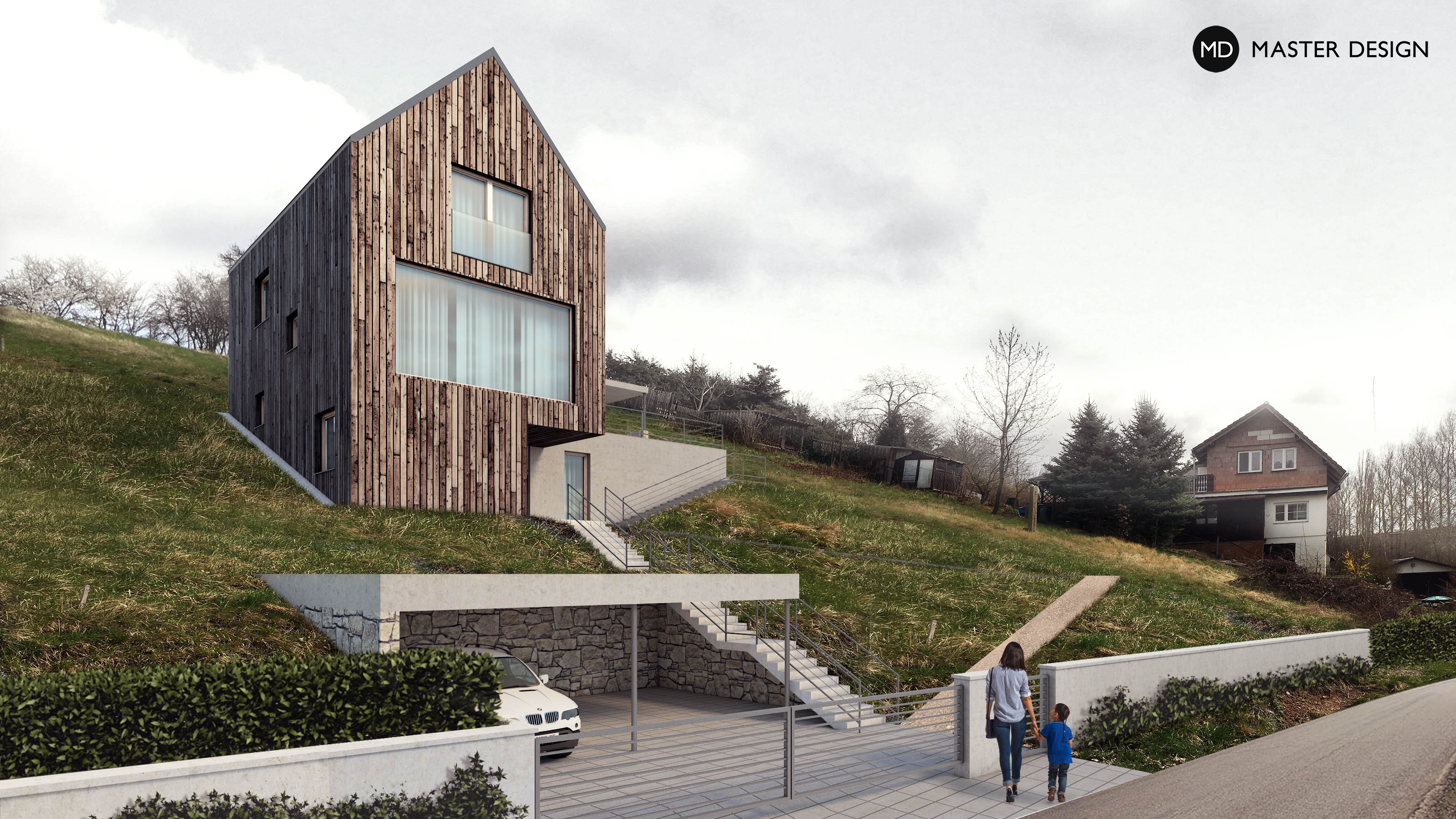Small Family House on a Steep Slope with Wooden Facade and Views of the Surrounding LandscapeÚjezd u Plzně - visualisation2