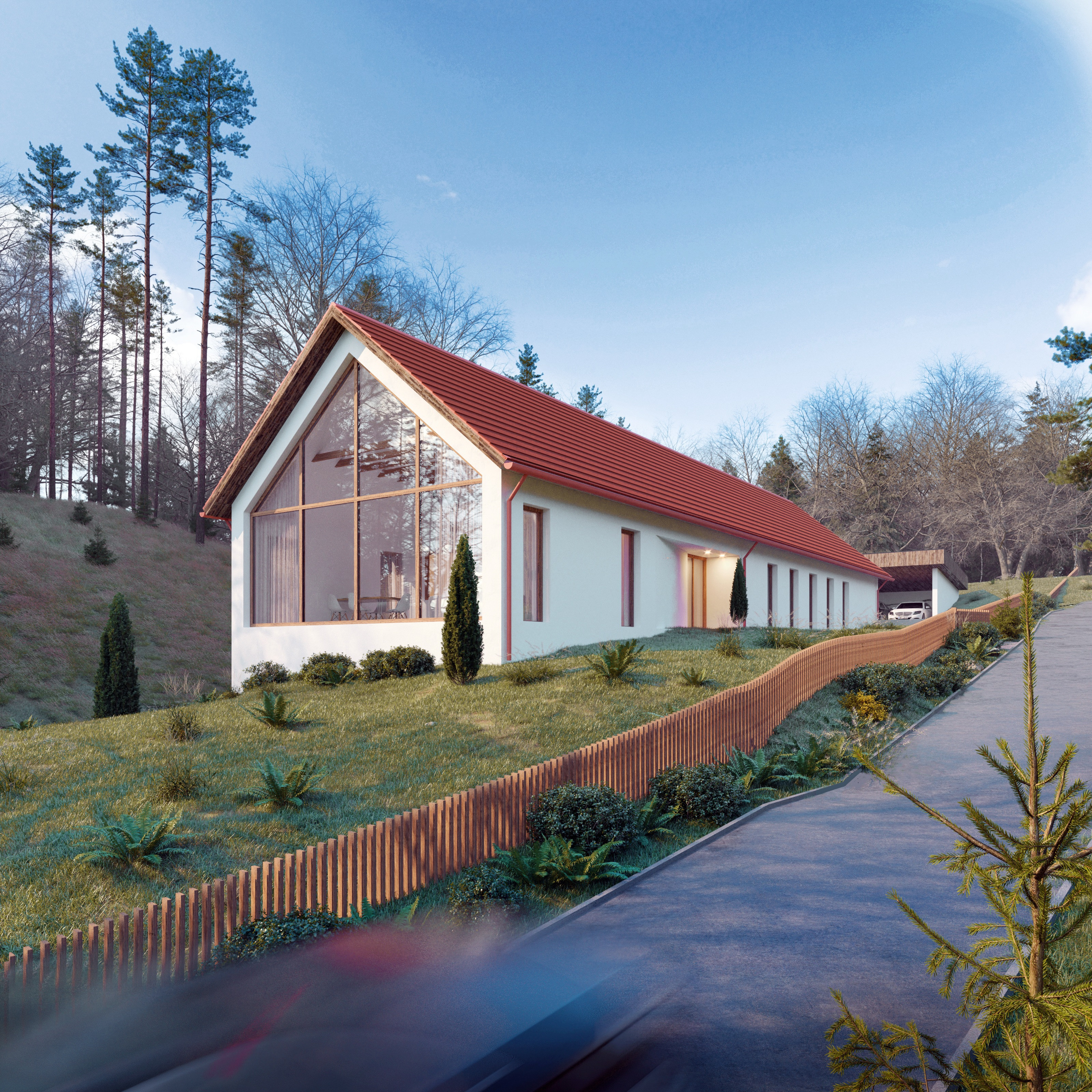 Rodinný dům v sevřeném údolí vycházející z venkovské architekturyBěstvina - vizualizace2 Rodinný dům v sevřeném údolí vycházející z venkovské architekturyBěstvina - vizualizace2