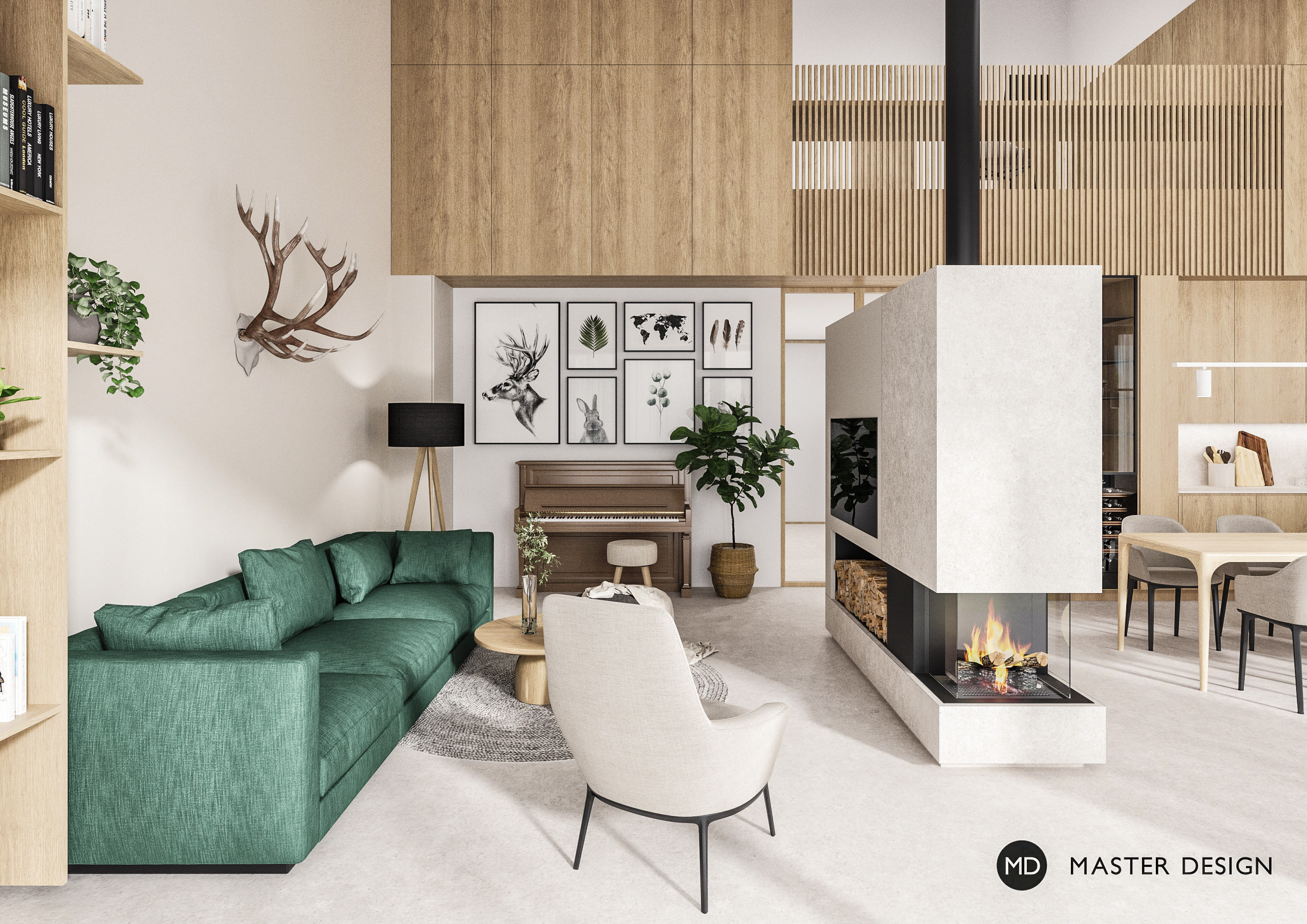 Interiér domu s dvoupatrovým obývacím pokojem s galeriíMníšek pod Brdy - vizualizace2 Interiér domu s dvoupatrovým obývacím pokojem s galeriíMníšek pod Brdy - vizualizace2