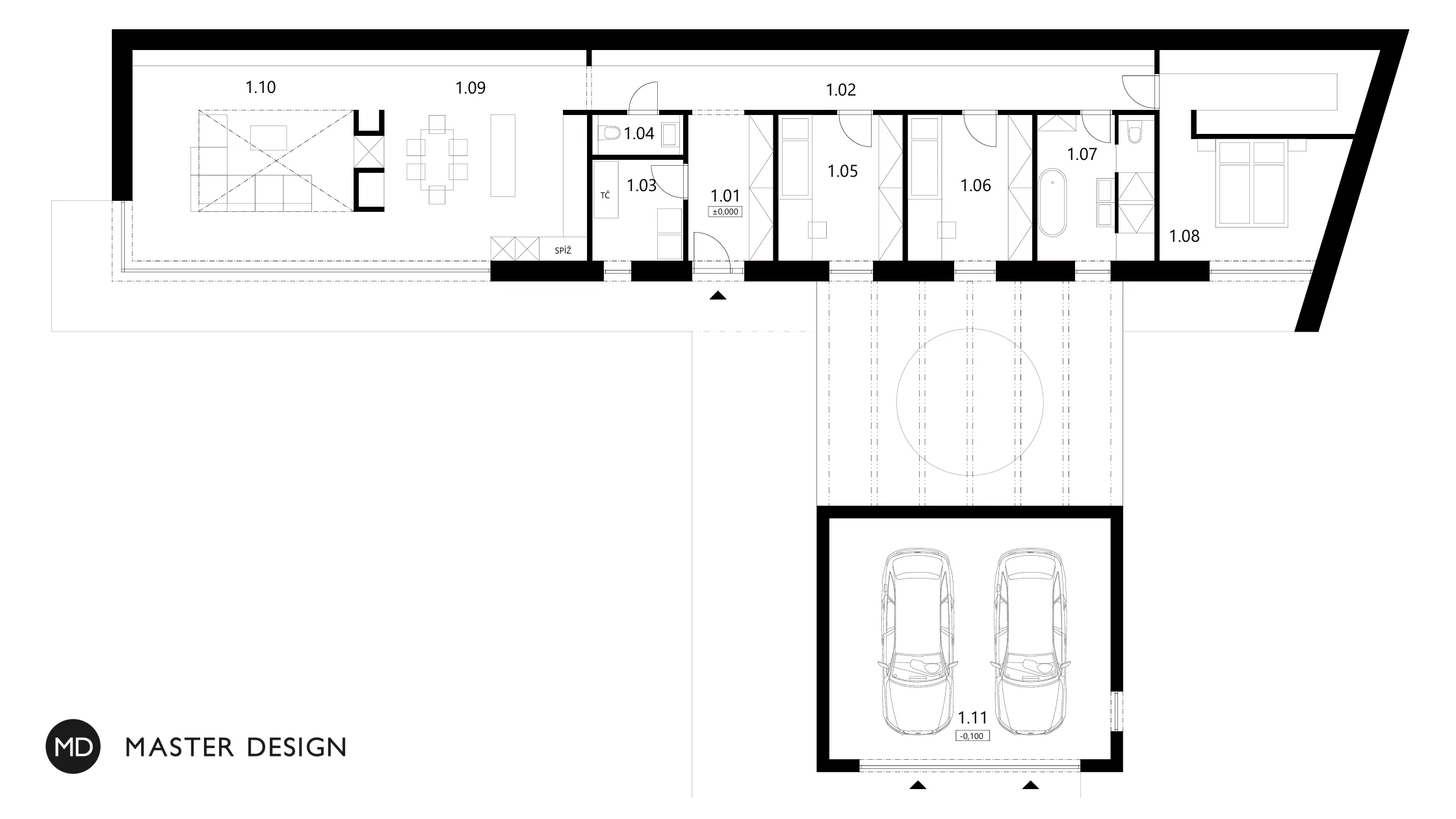 Přízemní bungalov z betonu s garážíOřechov - vizualizace5