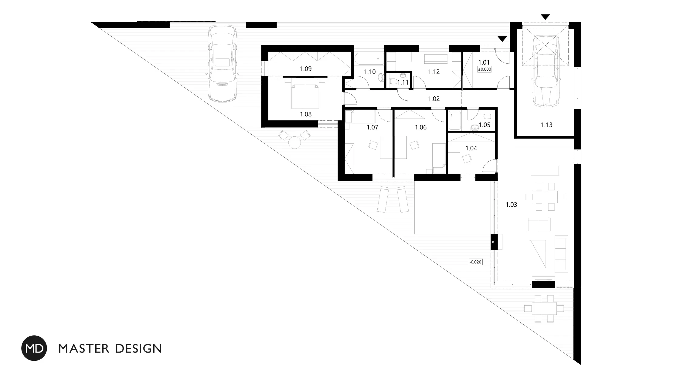 Přízemní bílý bungalov ve tvaru trojúhelníkuŠenov - vizualizace5 Přízemní bílý bungalov ve tvaru trojúhelníkuŠenov - vizualizace5