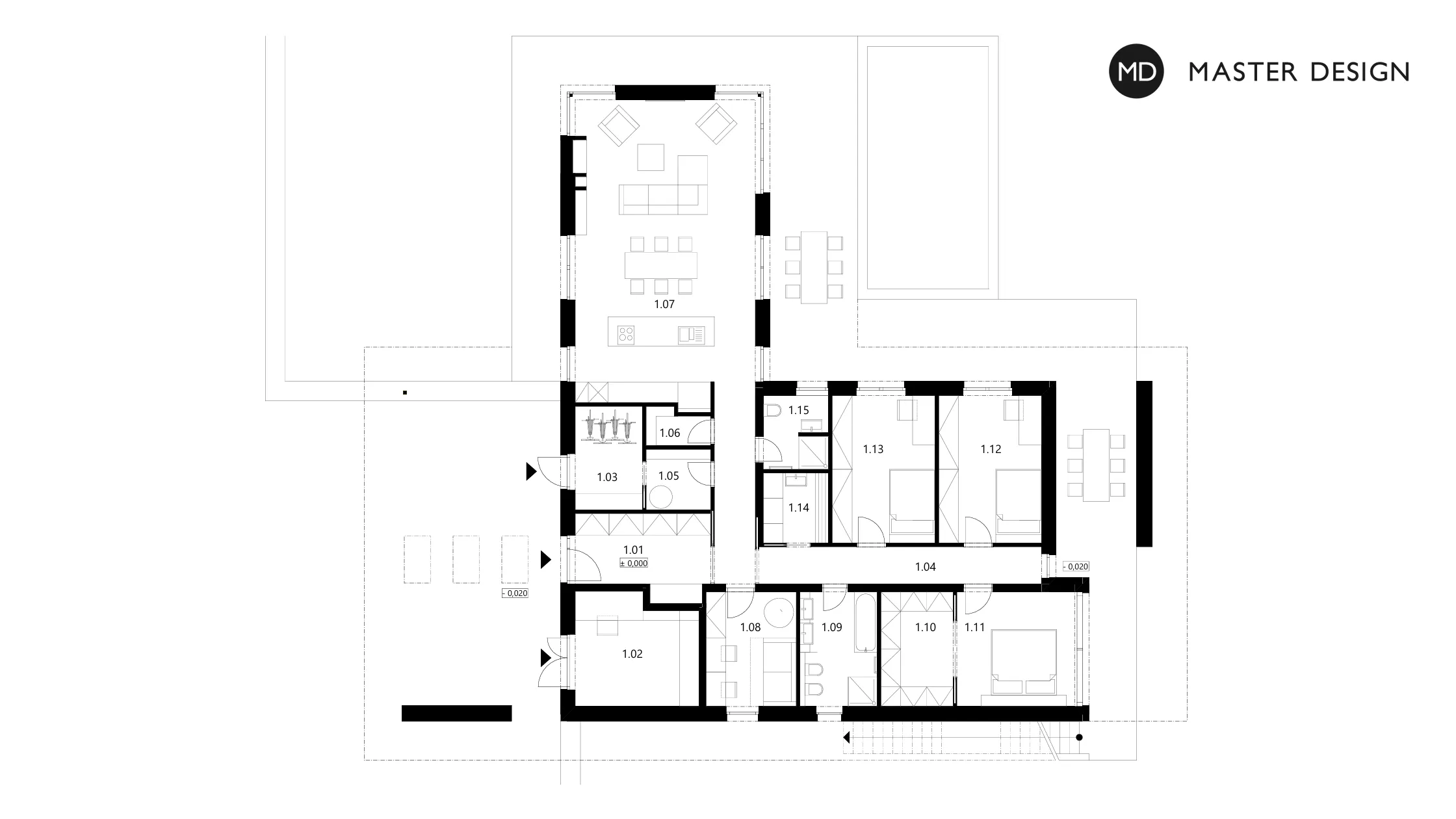 Bungalov ve tvaru L se střešní terasouLevín u Berouna - vizualizace5