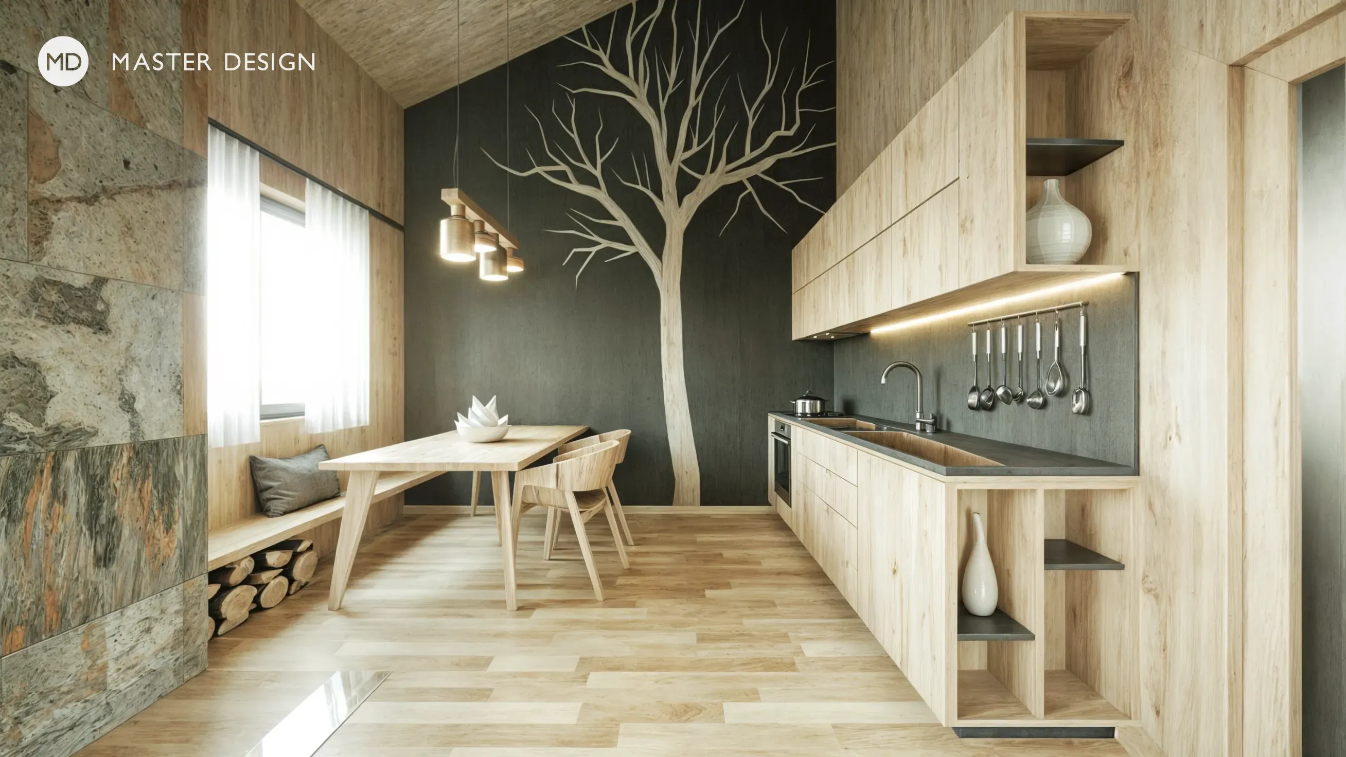 Interiors with wooden walls for pension inPredlitz - visualisation6