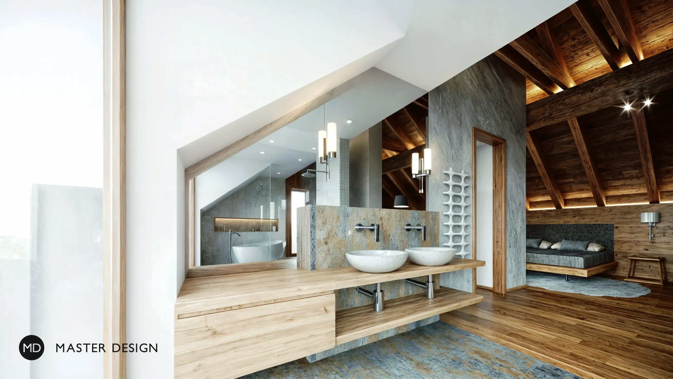 Mountain pension interiors with roof apartmentsRakousko Turrach - visualisation5