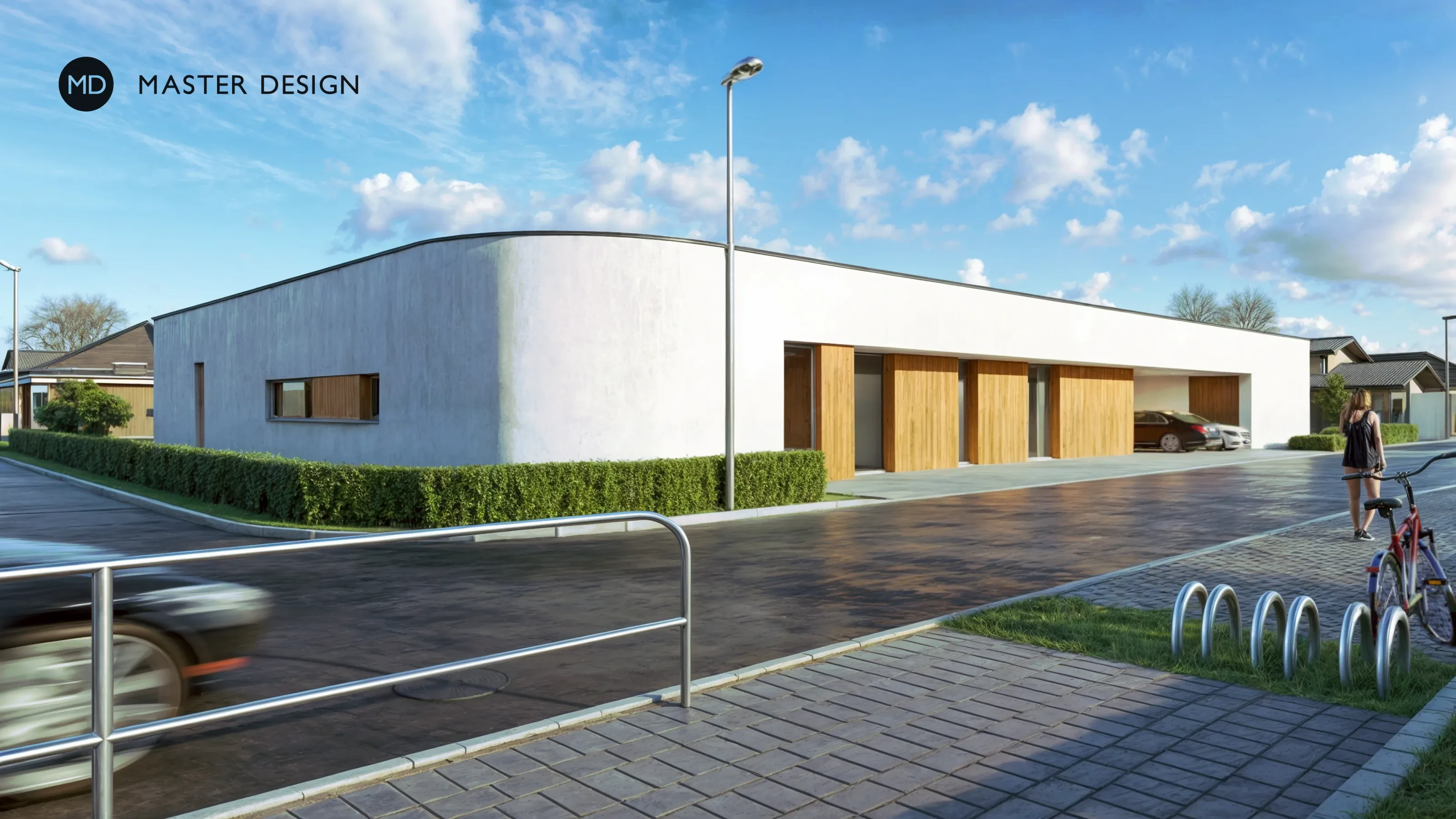 Bungalov, jehož ramena se jako vějíř rozvíjí po zahraděBabice - vizualizace2 Bungalov, jehož ramena se jako vějíř rozvíjí po zahraděBabice - vizualizace2