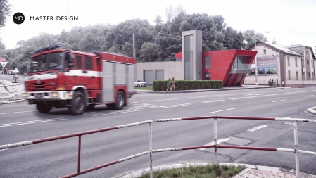 Red fire station with large-sized tiles facades - Ostrava Muglinov - main visualisation