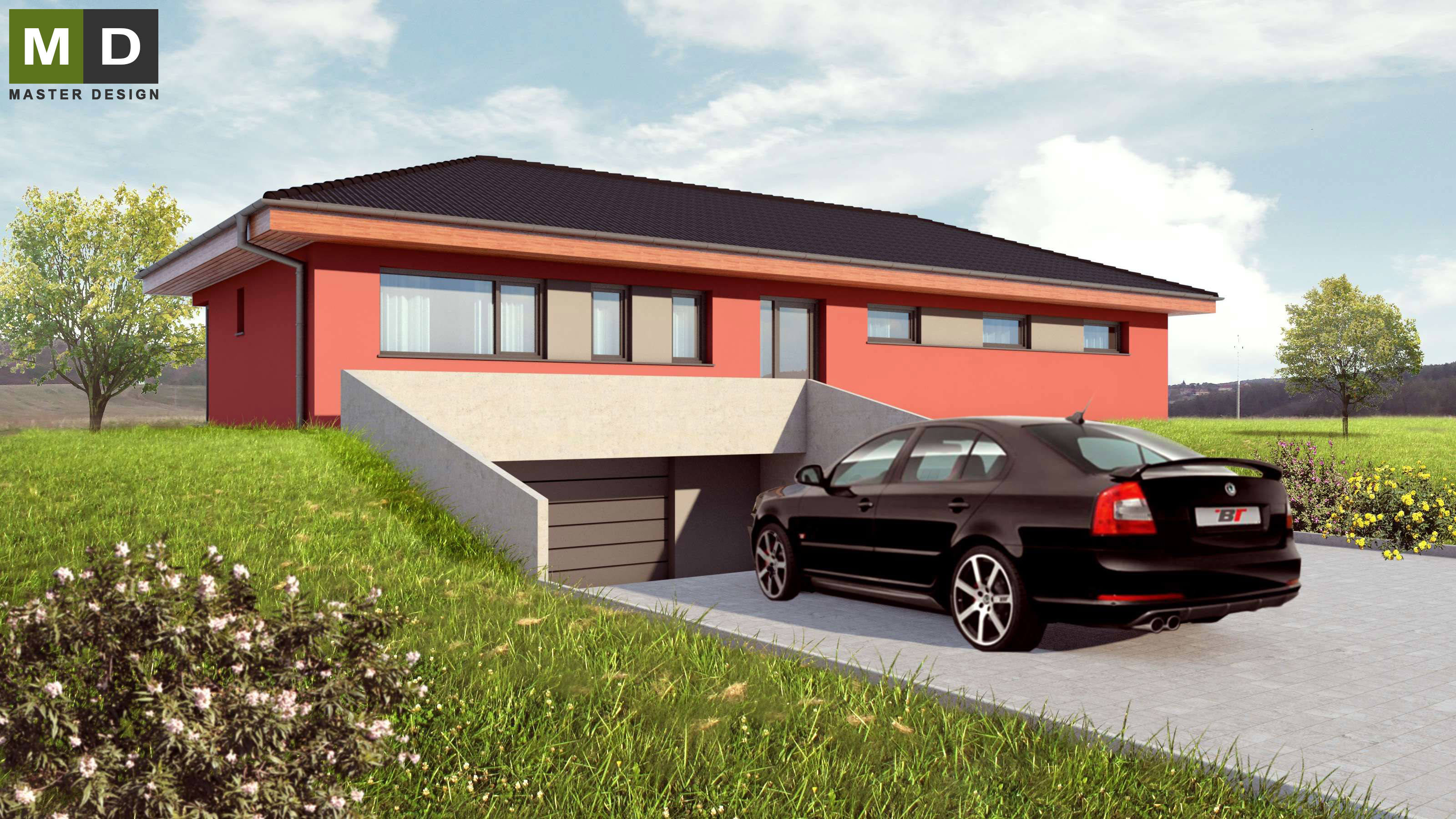 L-shaped bungalow with a garage and a hipped roofKanice u Brna - visualisation2 L-shaped bungalow with a garage and a hipped roofKanice u Brna - visualisation2