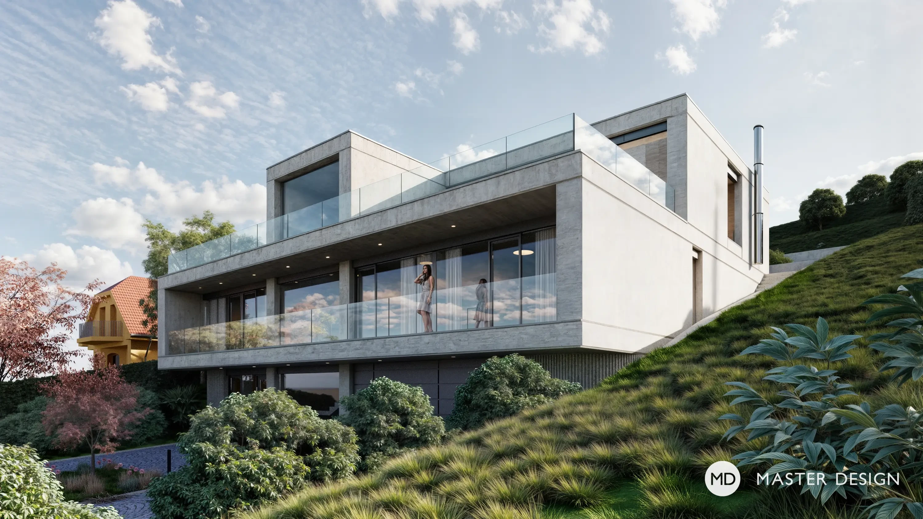 Třípatrová vila s betonovými fasádamiBeroun - vizualizace2 Třípatrová vila s betonovými fasádamiBeroun - vizualizace2