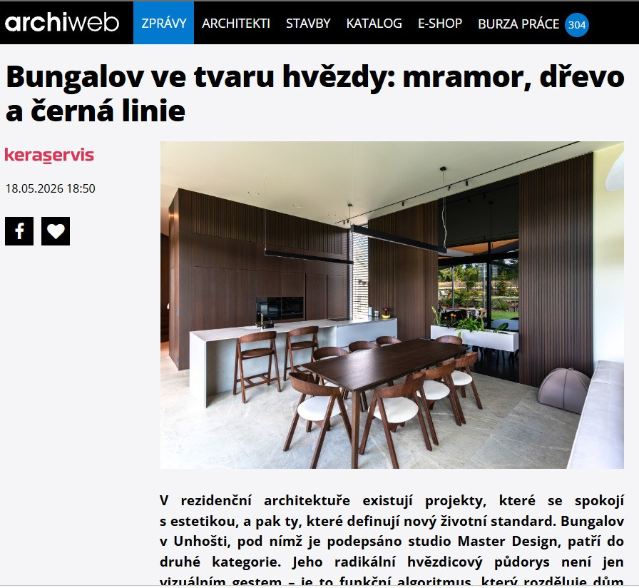 Dne 18.5.2026 o nás vyšel online článek: Bungalov ve tvaru hvězdy: mramor, dřevo a černá linie