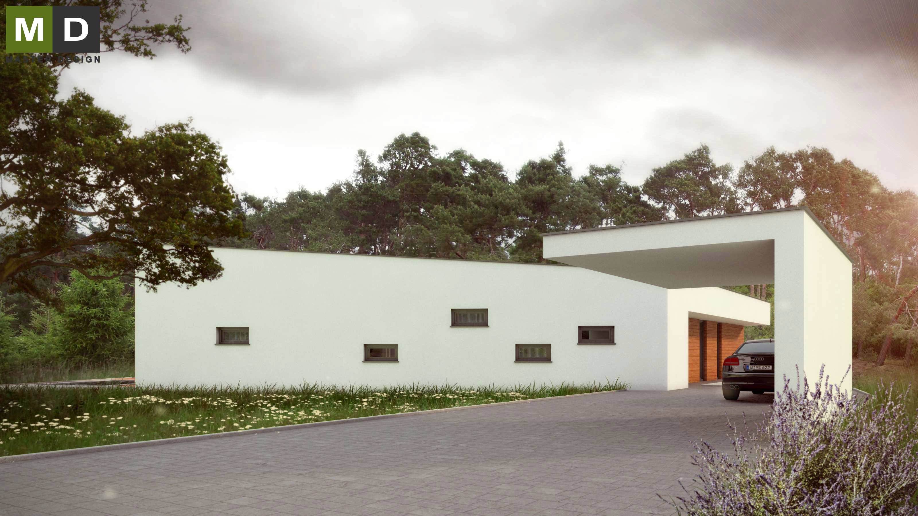 Single-storey modern house with a flat roof and a shedStará Boleslav - visualisation2 Single-storey modern house with a flat roof and a shedStará Boleslav - visualisation2
