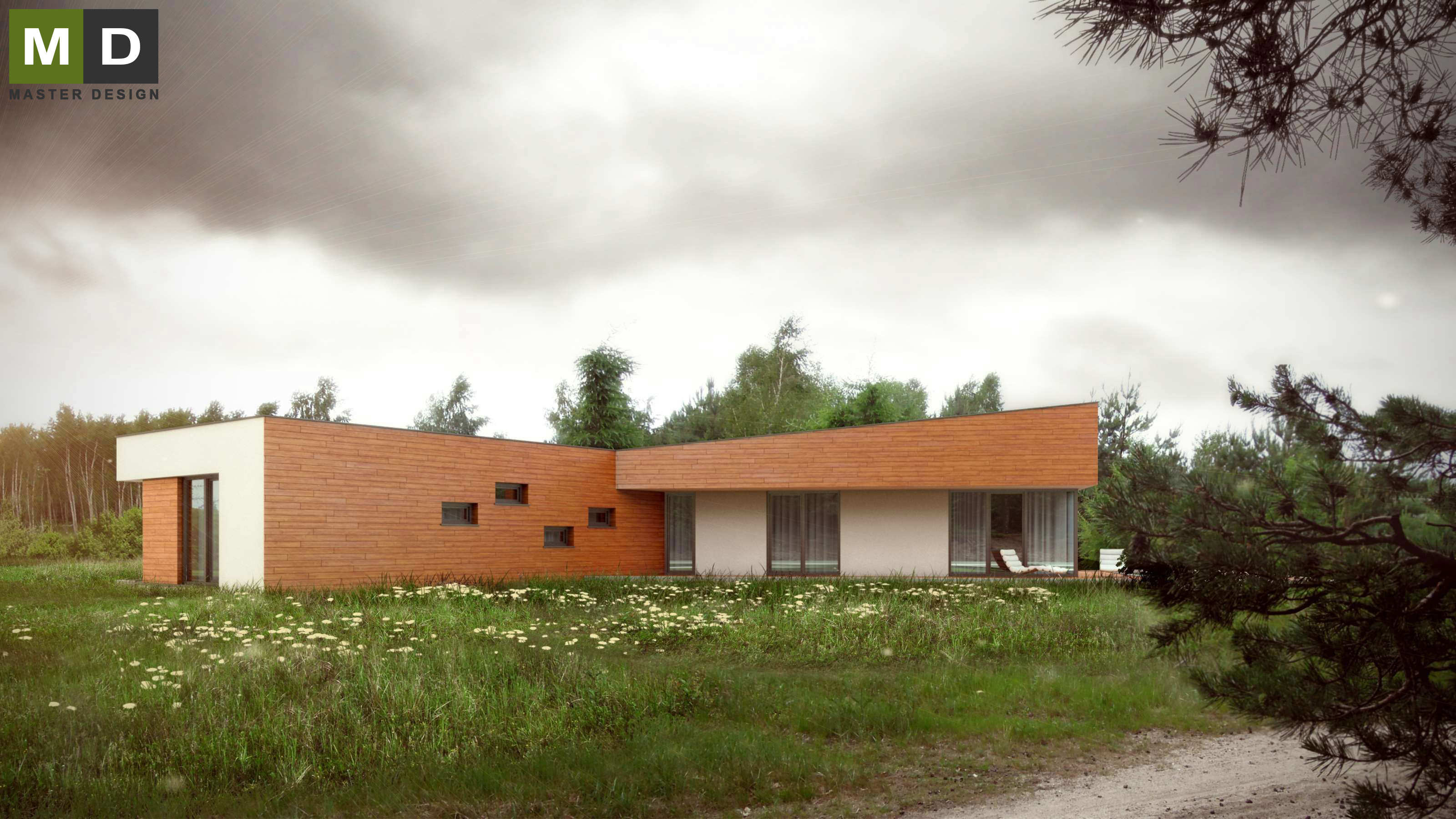 Single-storey modern house with a flat roof and a shedStará Boleslav - visualisation3 Single-storey modern house with a flat roof and a shedStará Boleslav - visualisation3