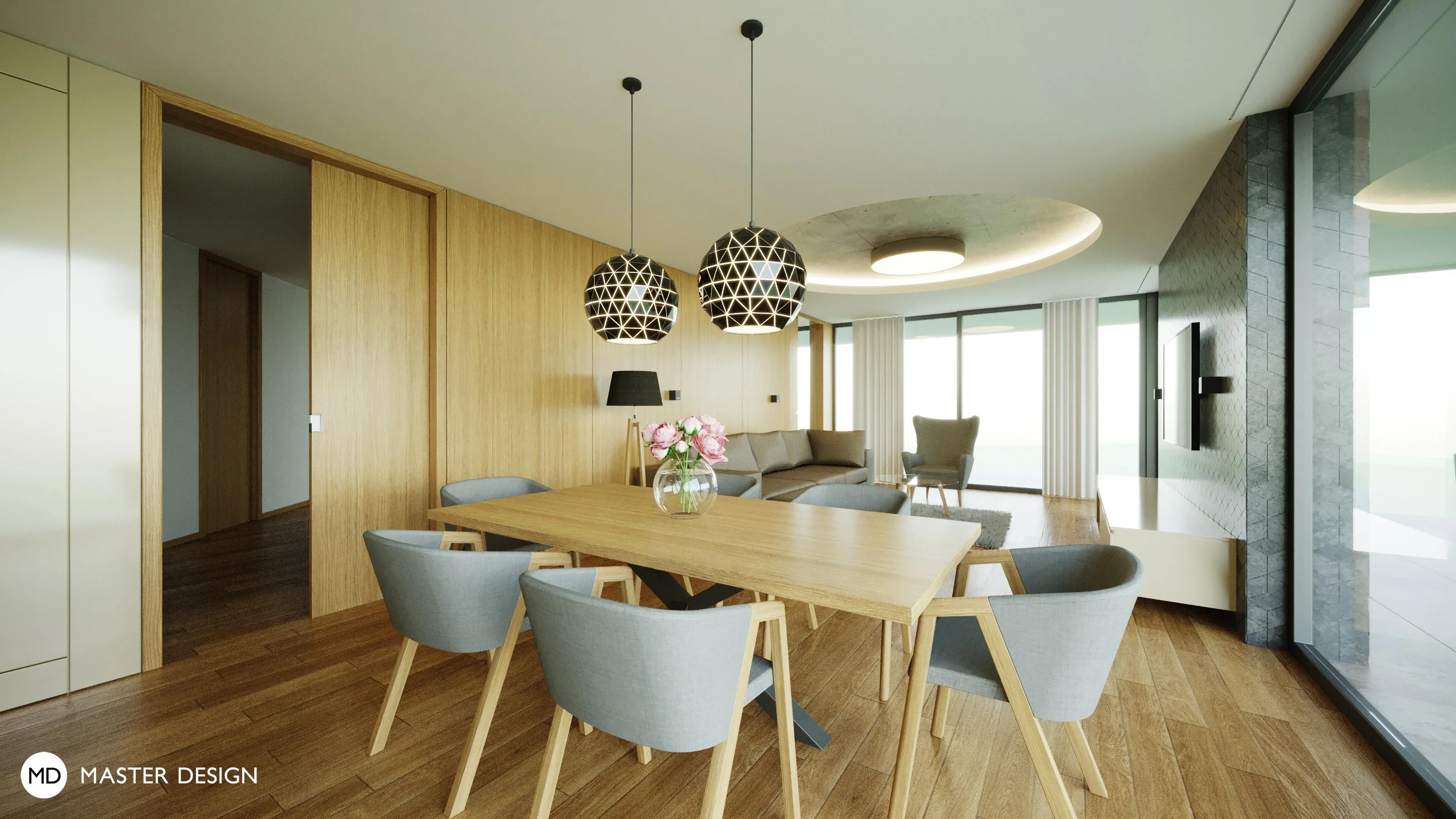 Interior with wooden wall in the living room and mosaic in the kitchen for family houseTurnov - visualisation3 Interior with wooden wall in the living room and mosaic in the kitchen for family houseTurnov - visualisation3