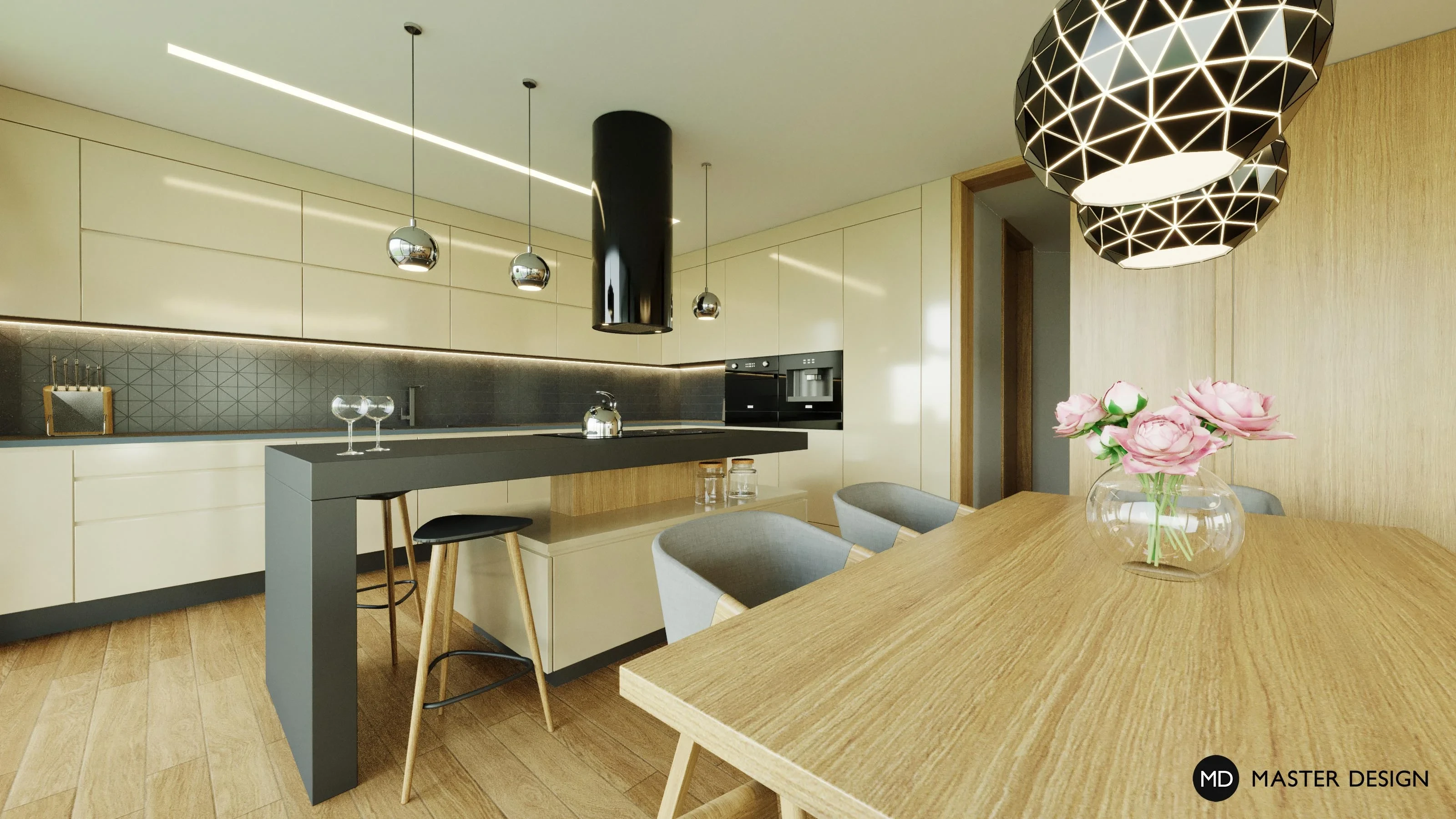 Interior with wooden wall in the living room and mosaic in the kitchen for family houseTurnov - visualisation4 Interior with wooden wall in the living room and mosaic in the kitchen for family houseTurnov - visualisation4