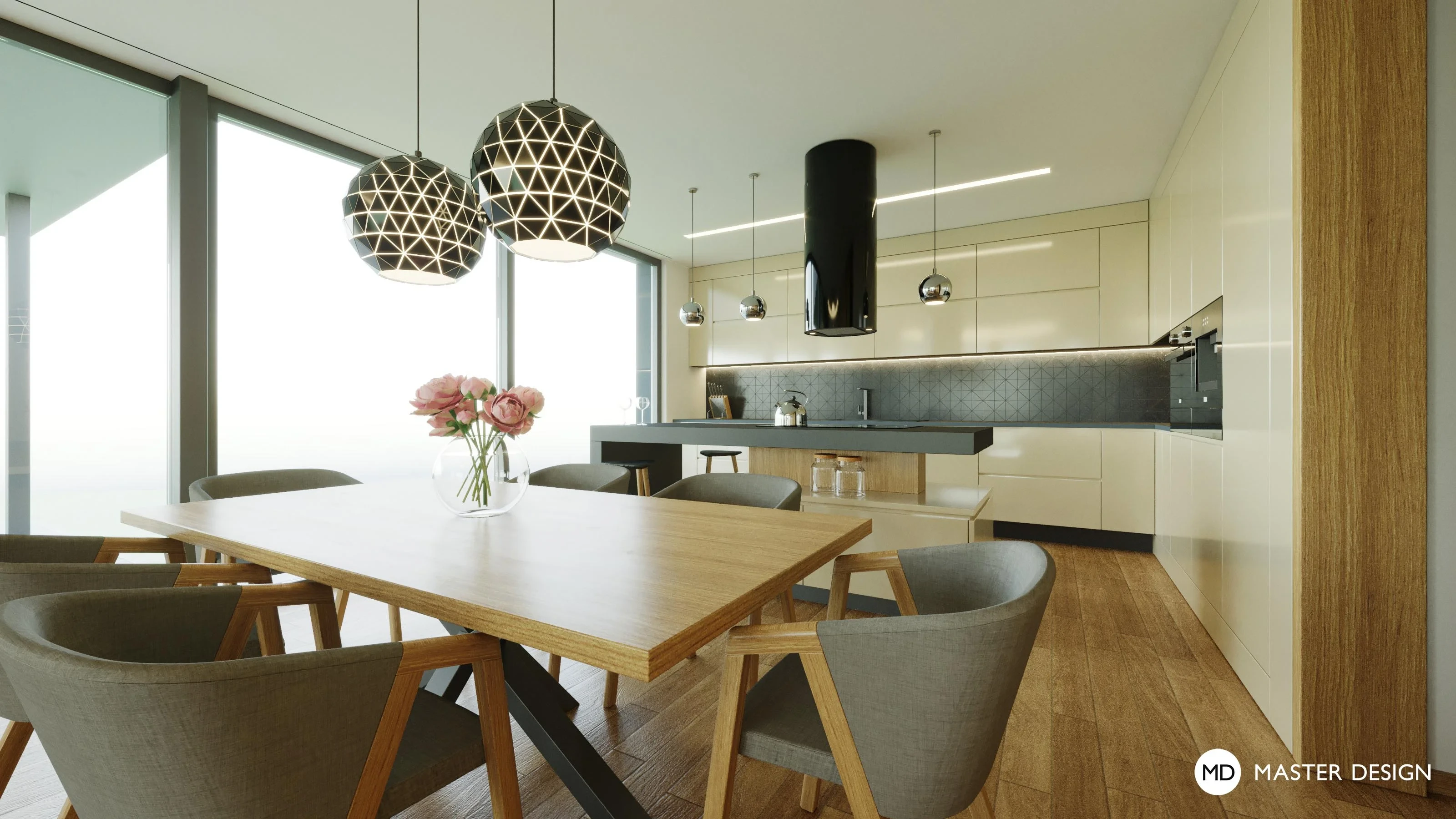 Interior with wooden wall in the living room and mosaic in the kitchen for family houseTurnov - visualisation5 Interior with wooden wall in the living room and mosaic in the kitchen for family houseTurnov - visualisation5