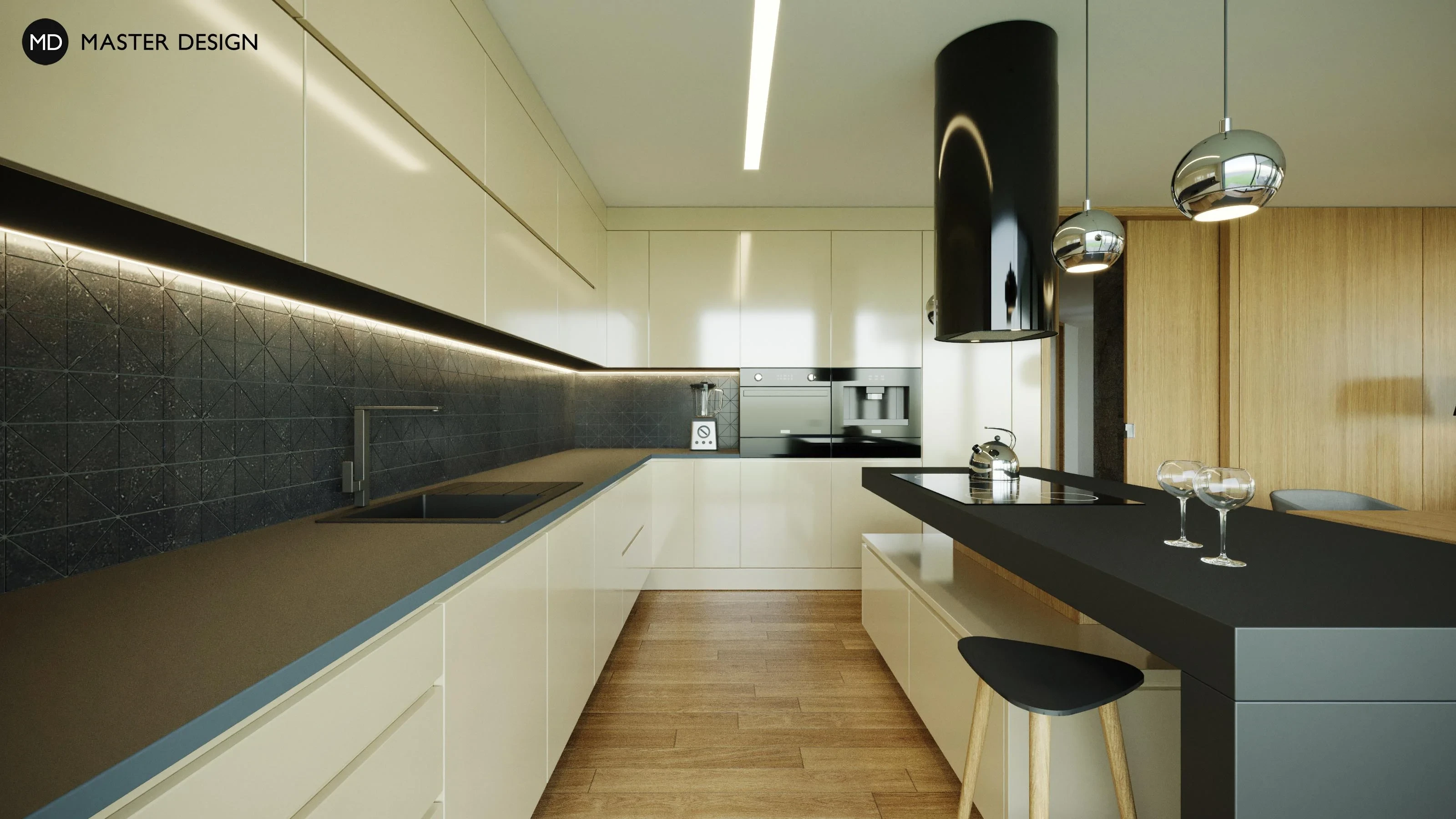 Interior with wooden wall in the living room and mosaic in the kitchen for family houseTurnov - visualisation7 Interior with wooden wall in the living room and mosaic in the kitchen for family houseTurnov - visualisation7