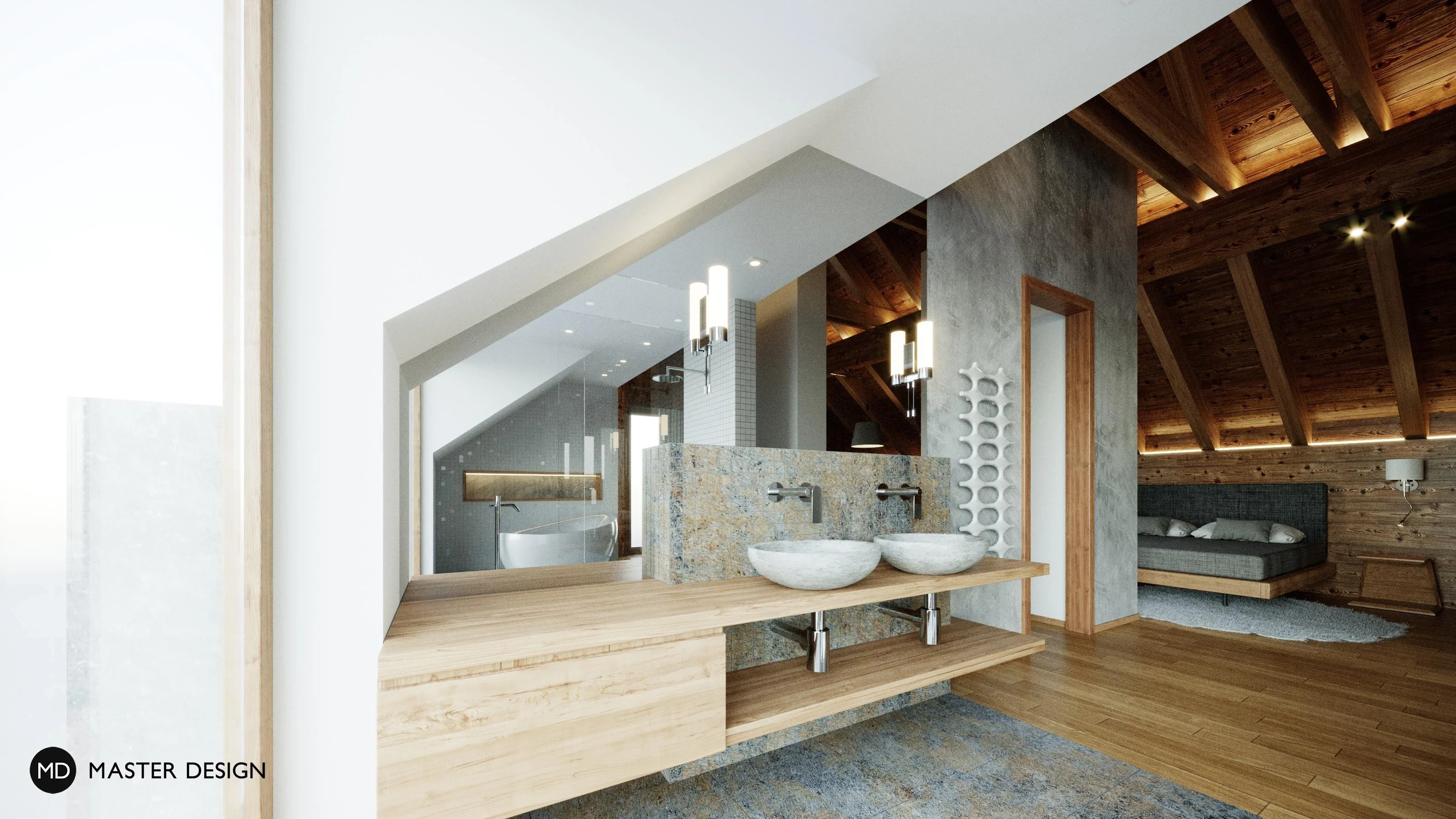Mountain pension interiors with roof apartmentsAustria Turrach - visualisation5