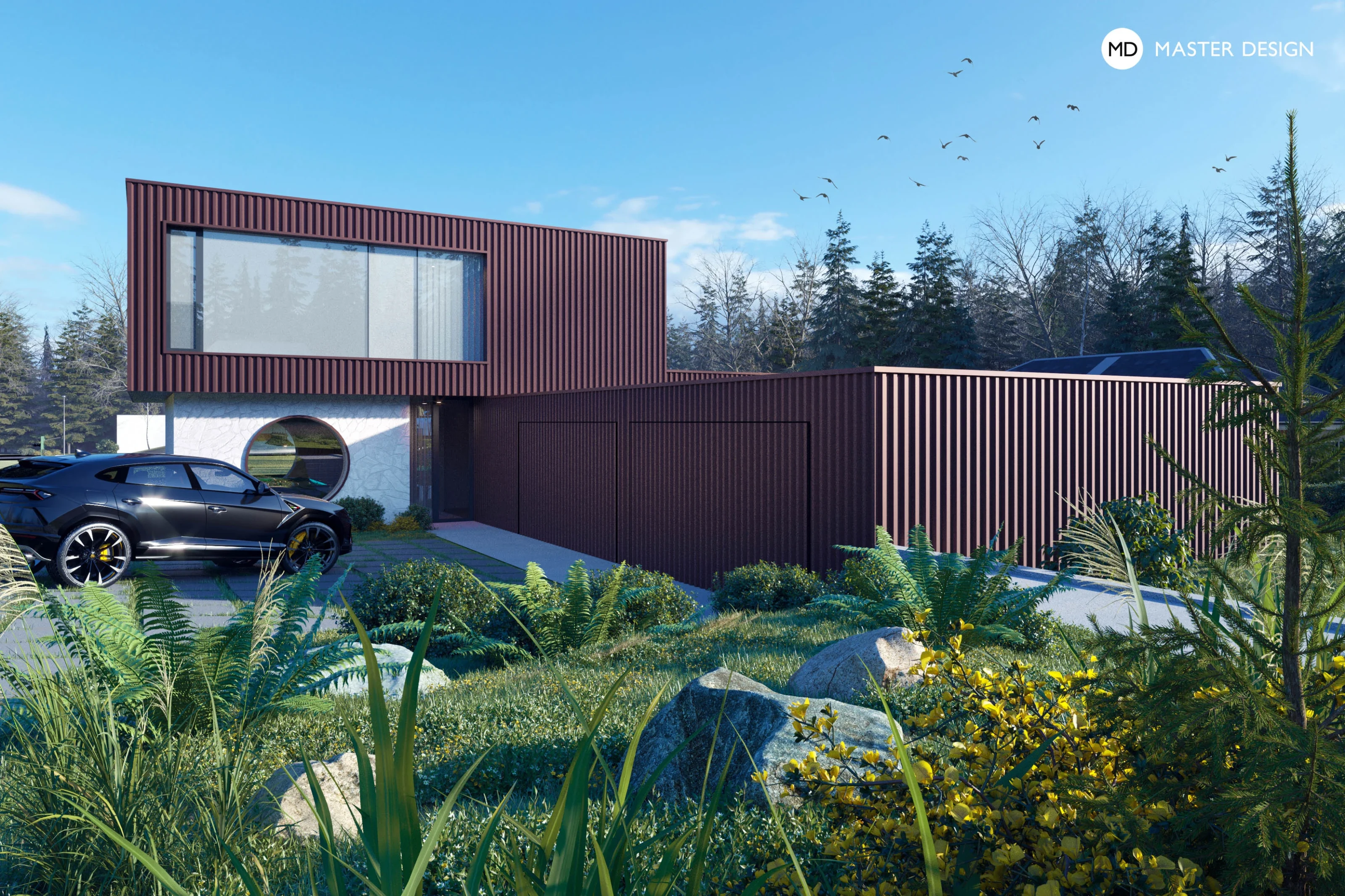 Sheet Metal House near the Forest with Round WindowsChotíkov - visualisation2 Sheet Metal House near the Forest with Round WindowsChotíkov - visualisation2